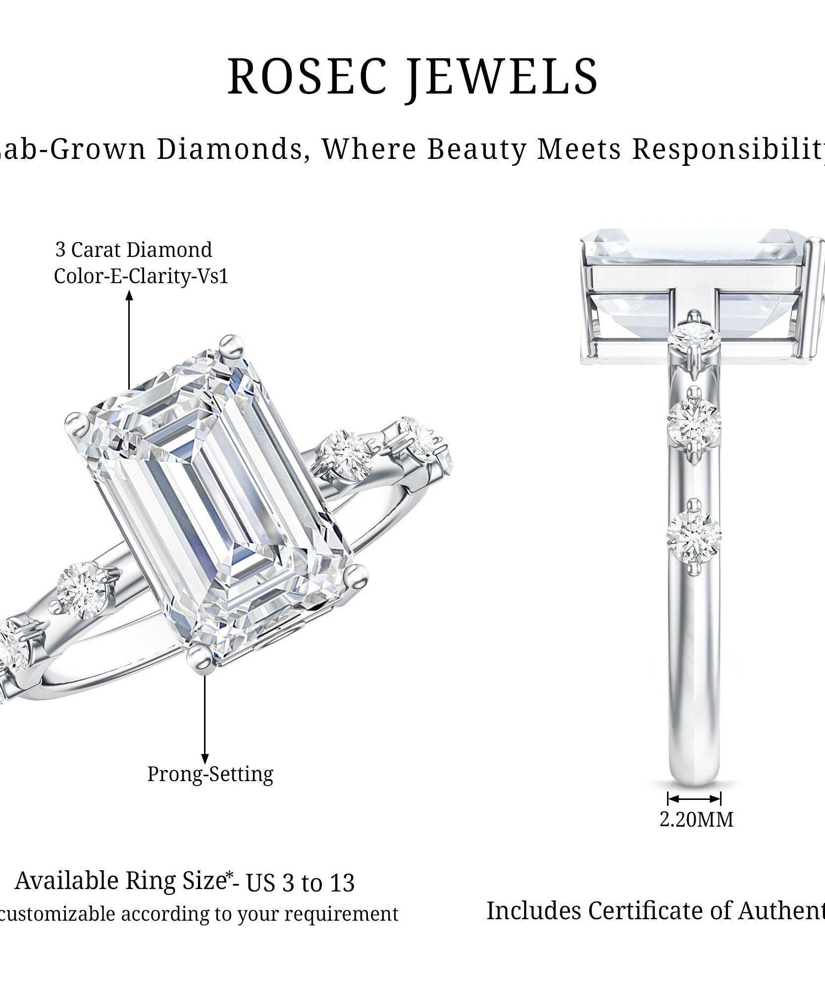 IGI Certified 3 Carat Emerald Cut Lab Grown Diamond Engagement Ring