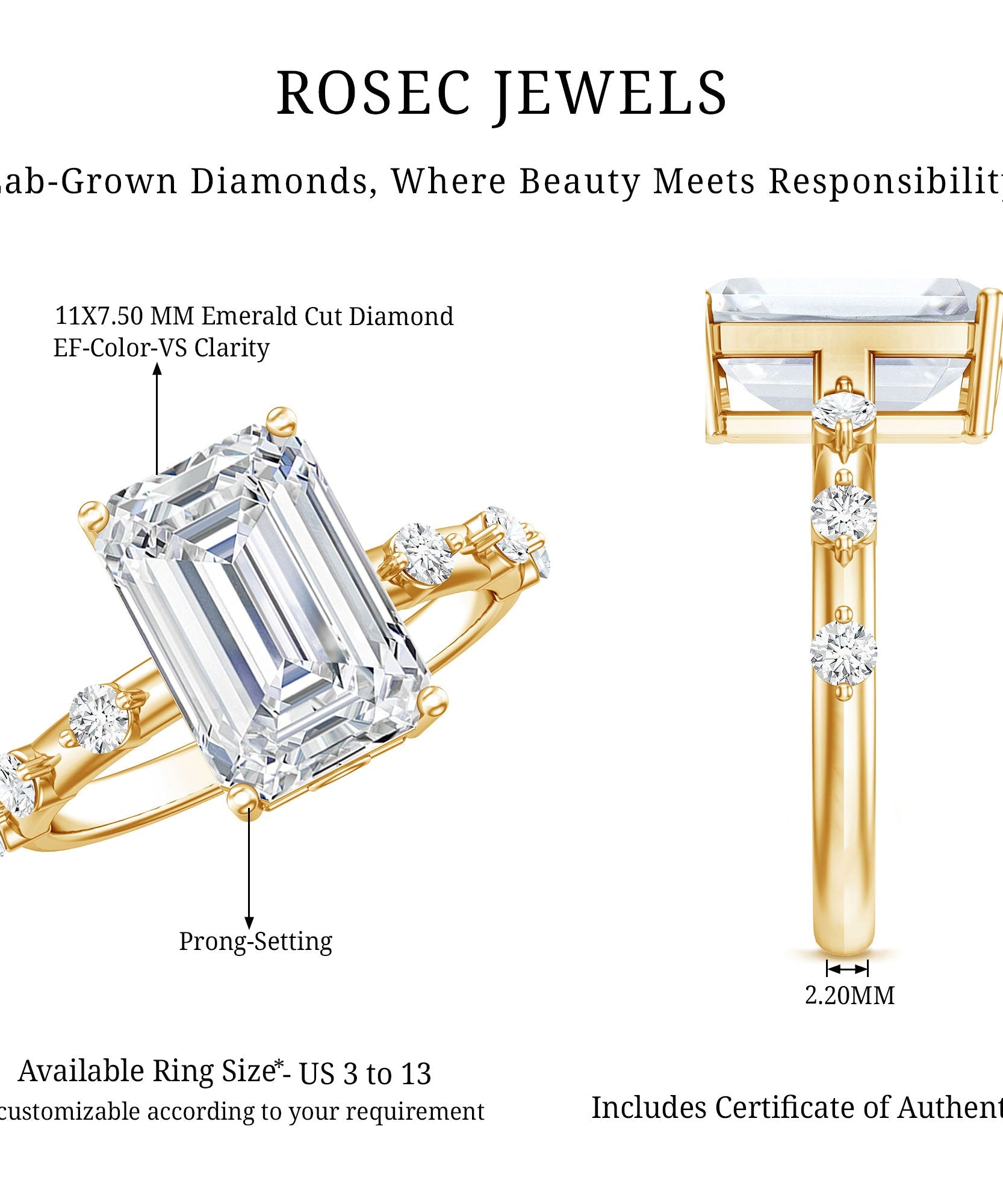 IGI Certified 3 Carat Emerald Cut Lab Grown Diamond Engagement Ring