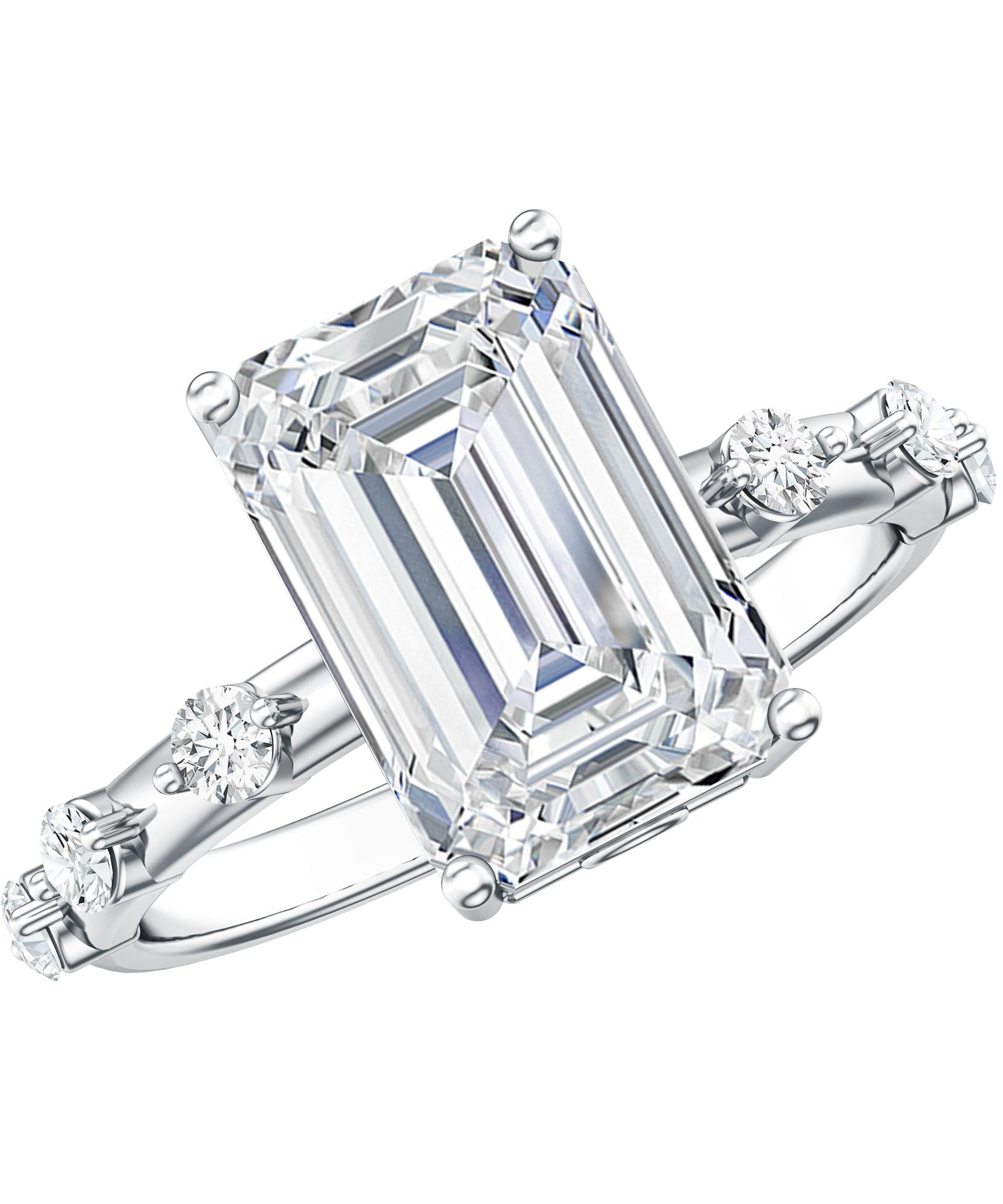 IGI Certified 4 Carat Lab Grown Emerald Cut Diamond Engagement Ring with Spaced Accent