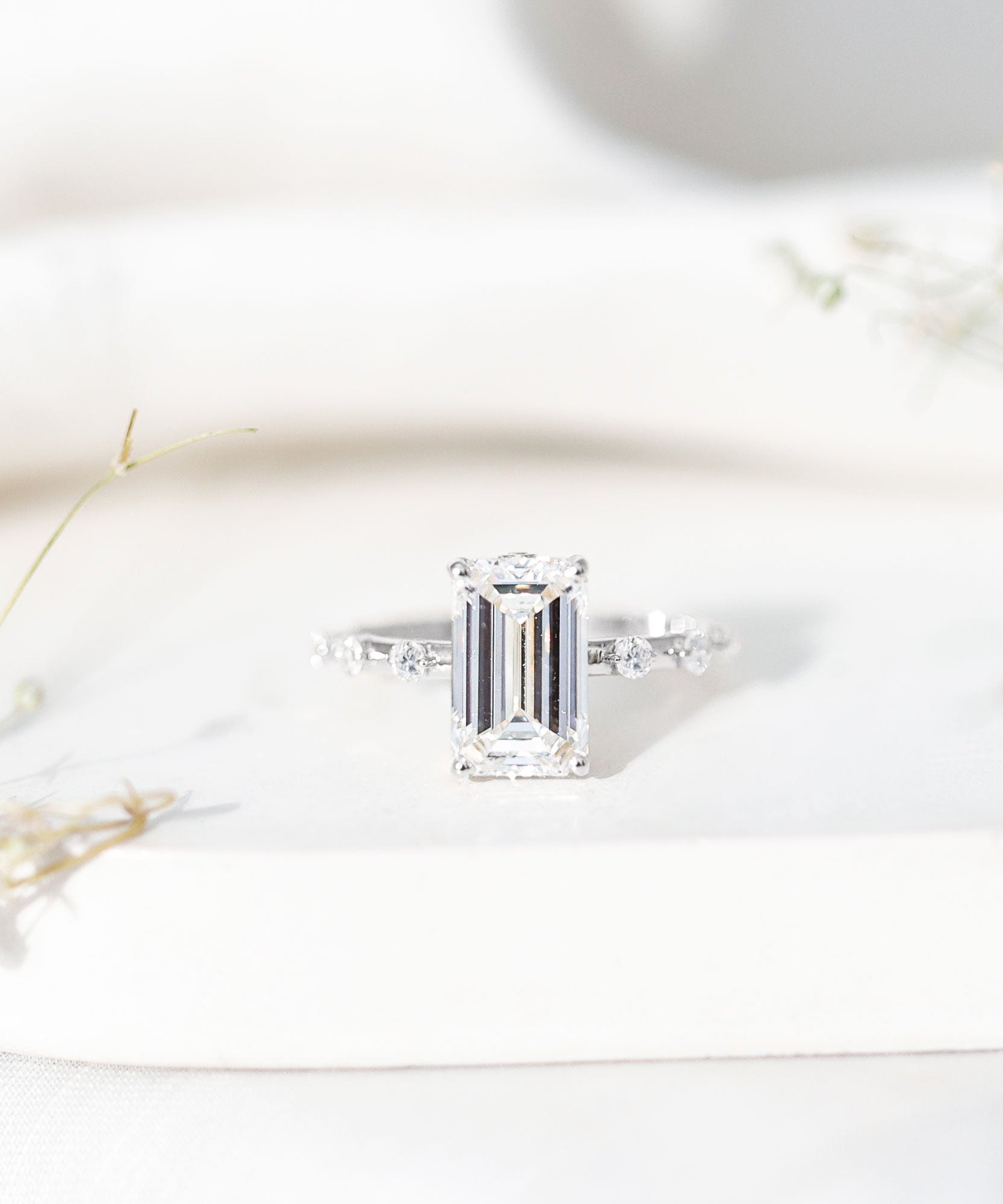 IGI Certified 4 Carat Lab Grown Emerald Cut Diamond Engagement Ring with Spaced Accent