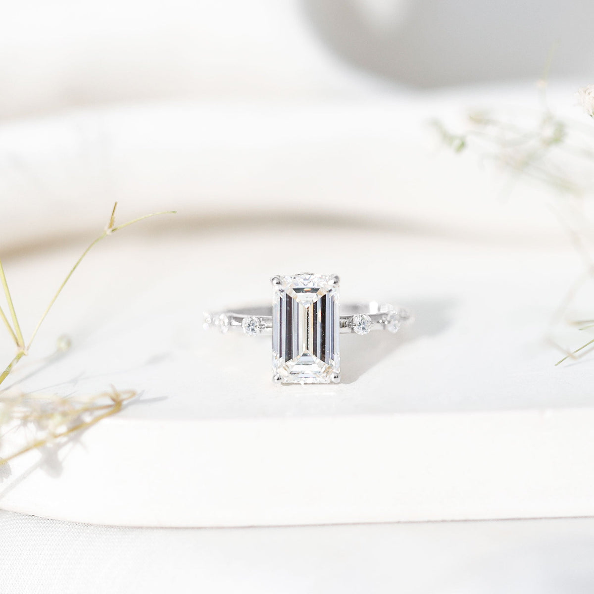 IGI Certified 4 Carat Lab Grown Emerald Cut Diamond Engagement Ring with Spaced Accent