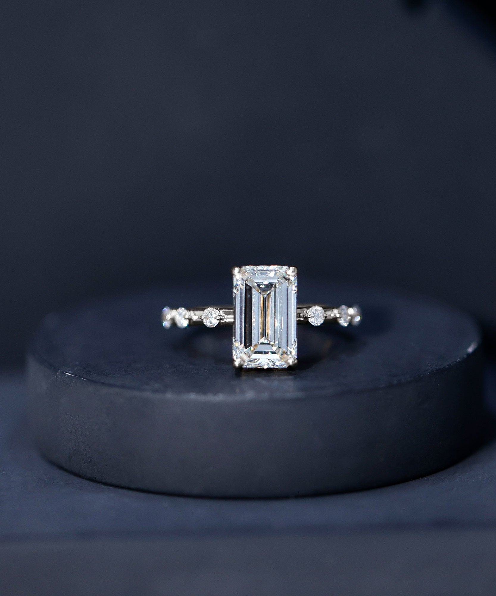 IGI Certified 4 Carat Lab Grown Emerald Cut Diamond Engagement Ring with Spaced Accent