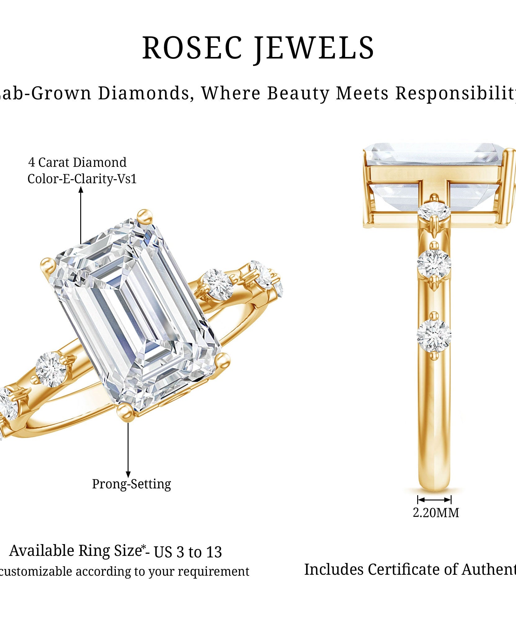 IGI Certified 4 Carat Lab Grown Emerald Cut Diamond Engagement Ring with Spaced Accent