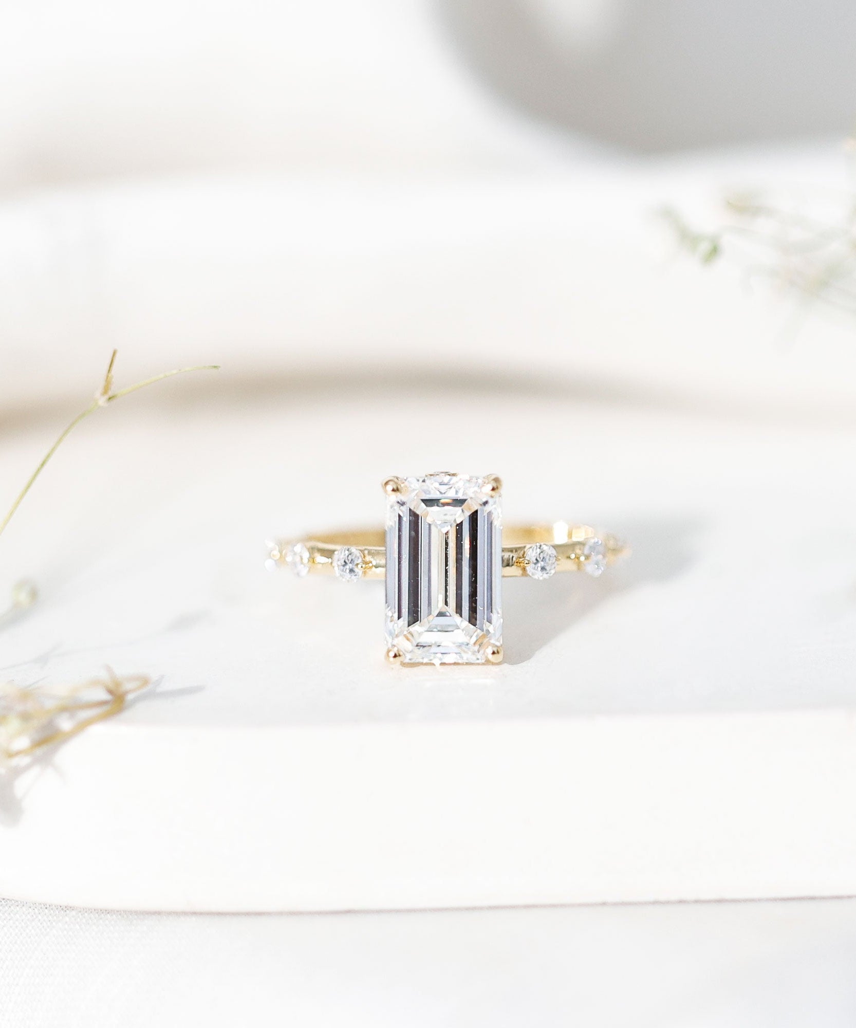 IGI Certified 4 Carat Lab Grown Emerald Cut Diamond Engagement Ring with Spaced Accent