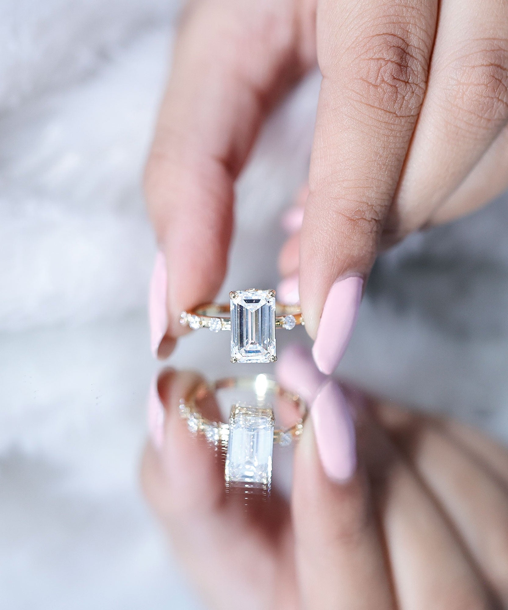 IGI Certified 4 Carat Lab Grown Emerald Cut Diamond Engagement Ring with Spaced Accent