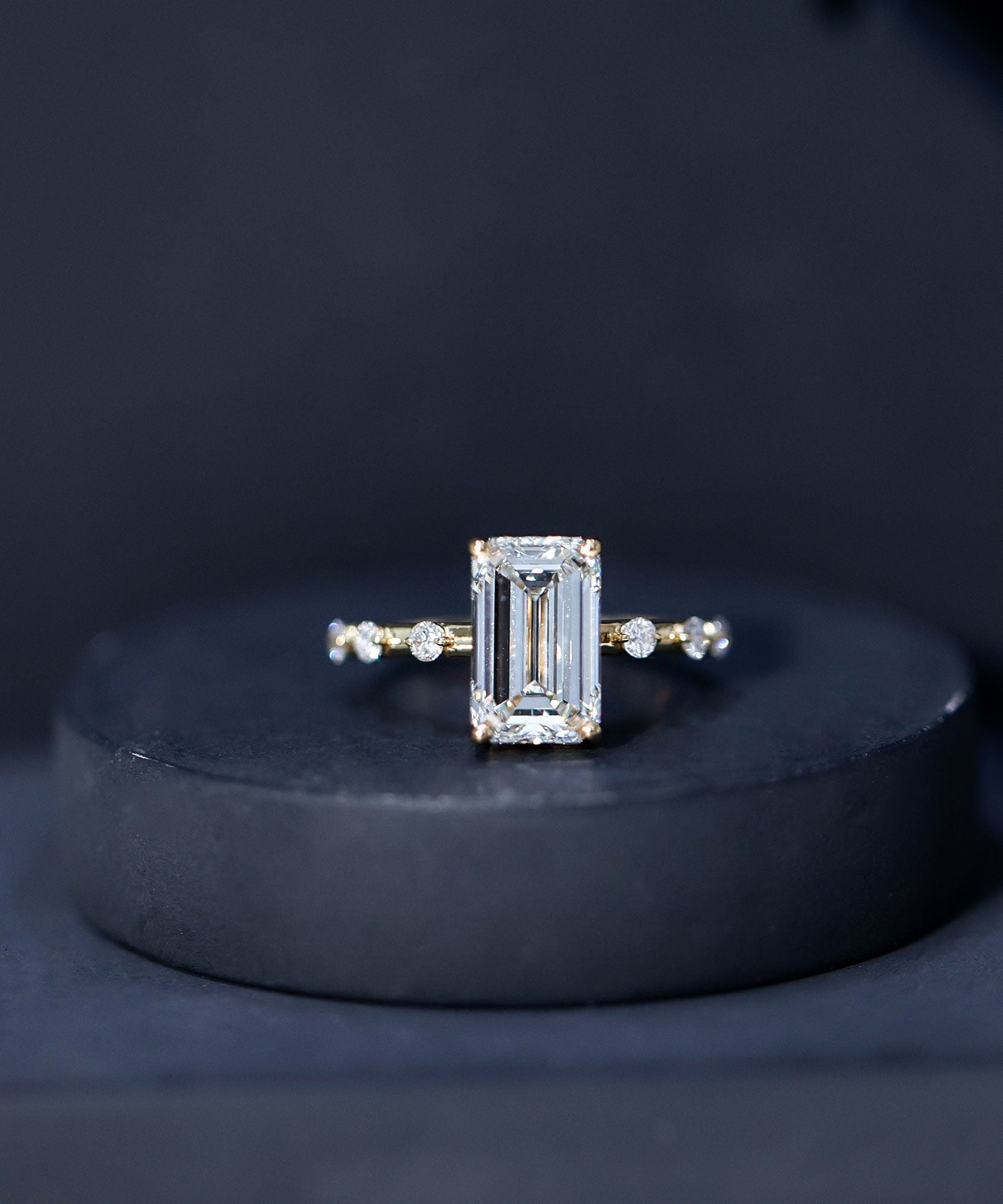 IGI Certified 4 Carat Lab Grown Emerald Cut Diamond Engagement Ring with Spaced Accent