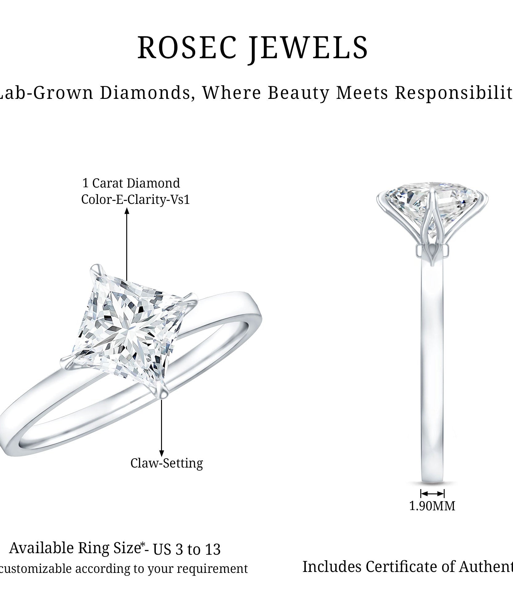 1 Carat Lab Created Diamond Princess Cut Engagement Ring IGI Certified