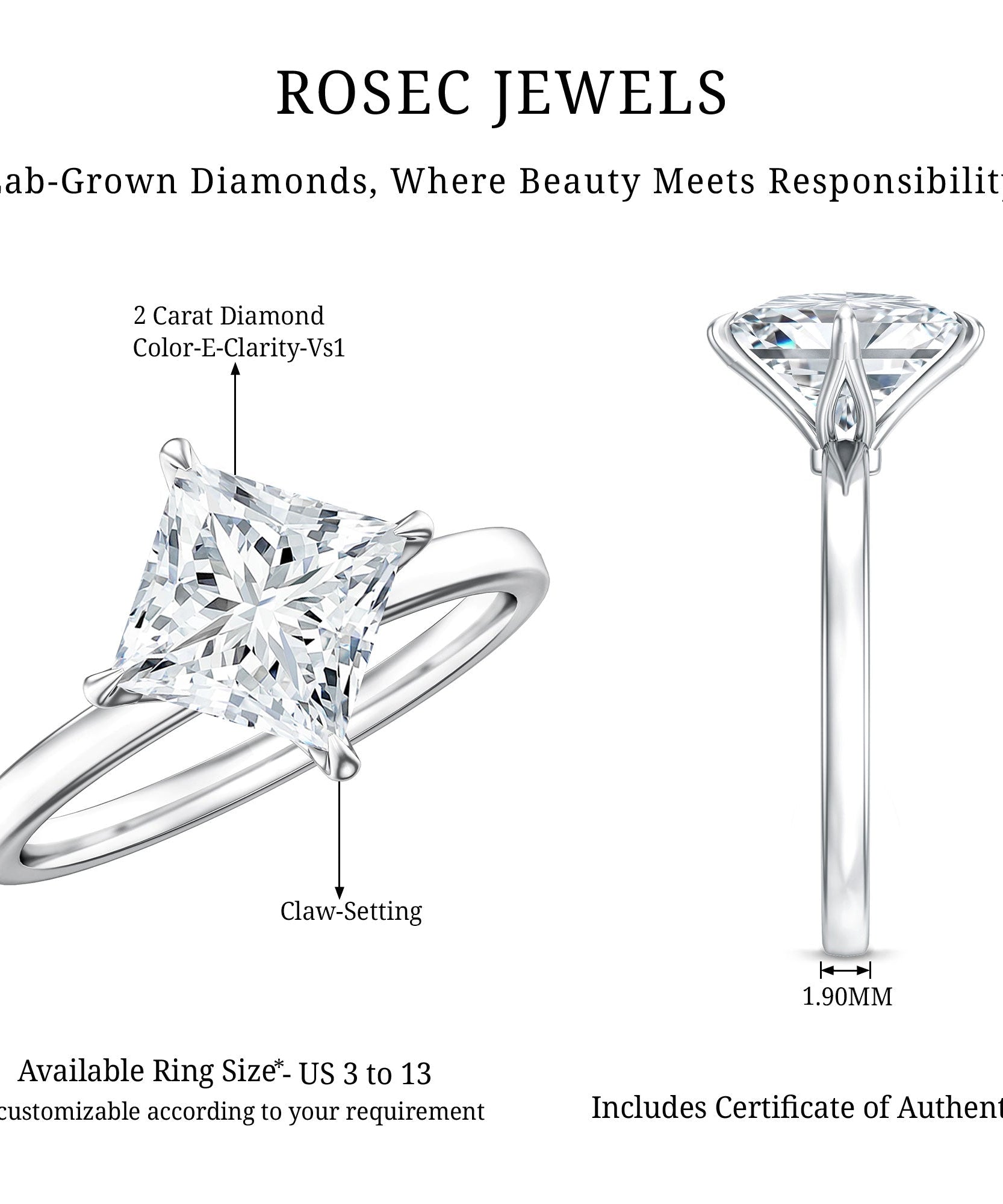 Solitaire 2 Carat Lab Grown Diamond Princess Cut Engagement Ring IGI Certified