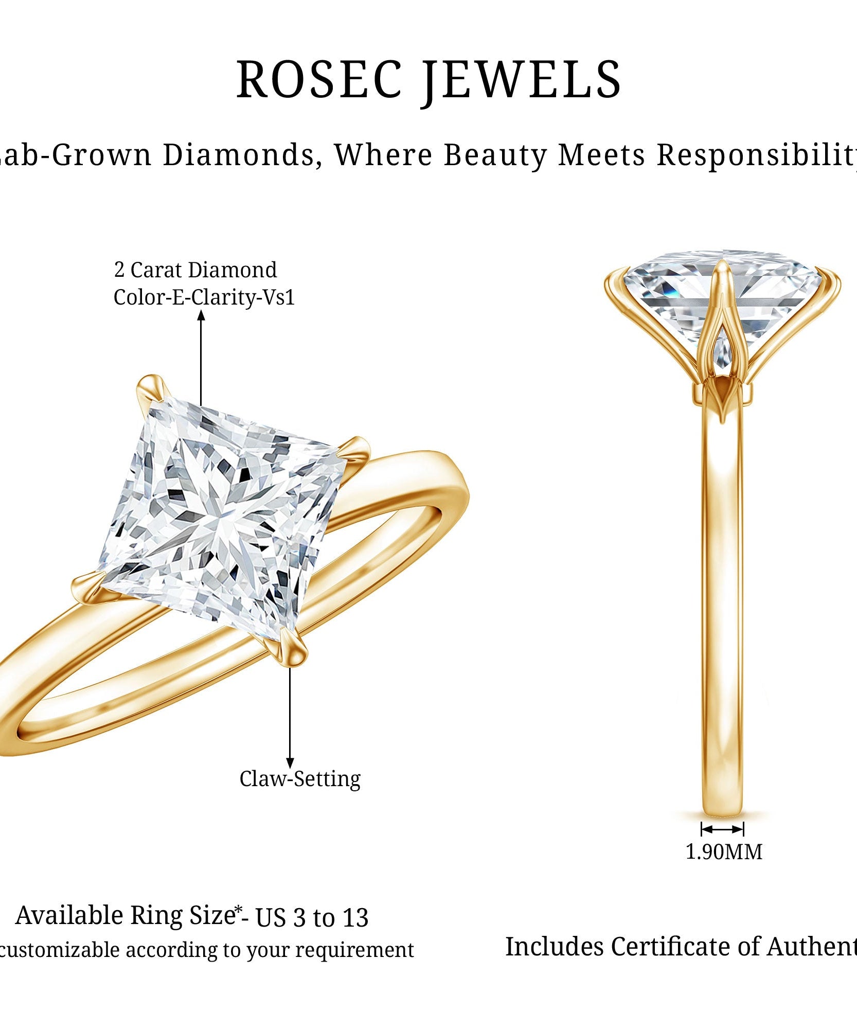 Solitaire 2 Carat Lab Grown Diamond Princess Cut Engagement Ring IGI Certified