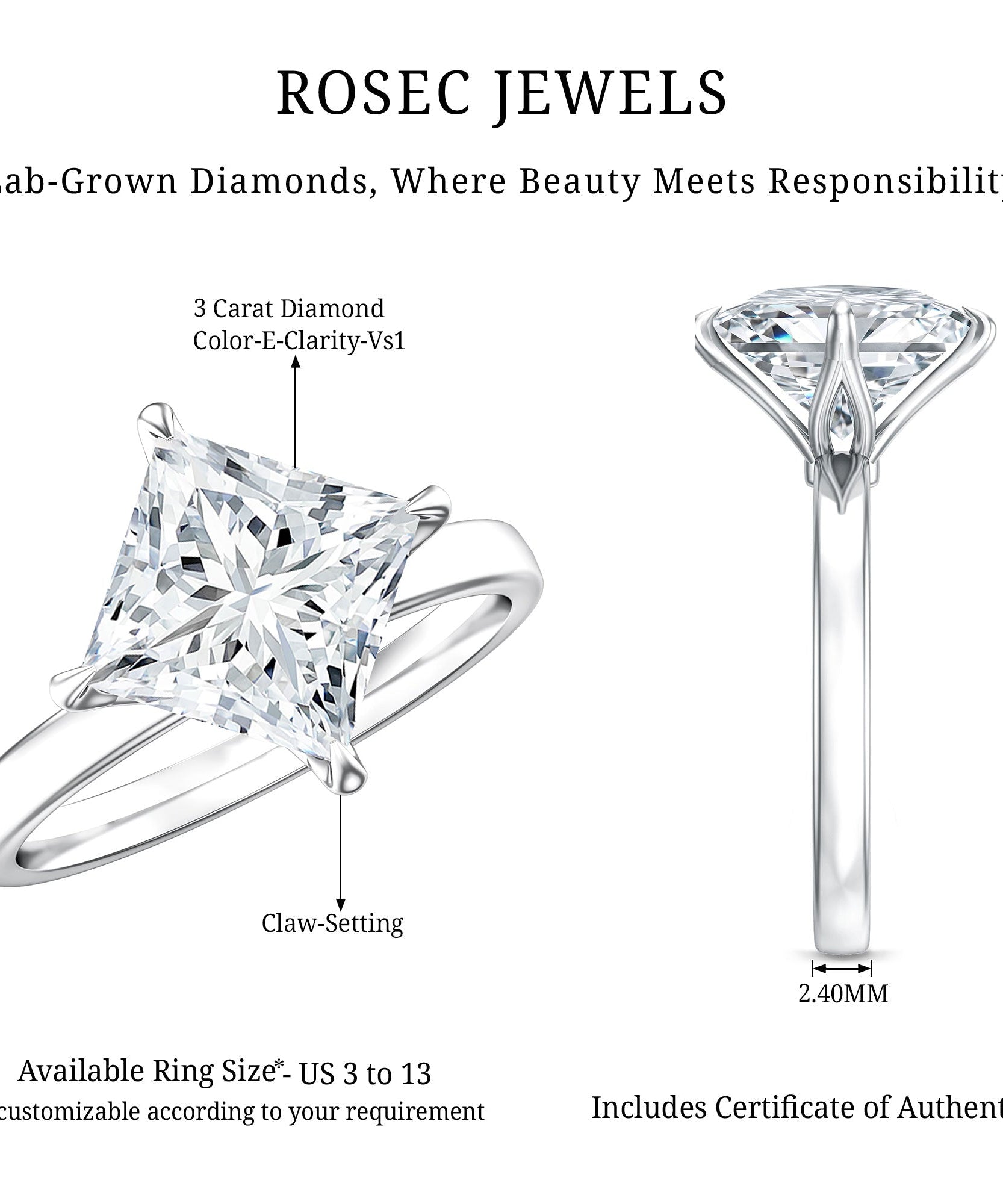 IGI Certified Lab Grown Diamond 3 Carat Princess Cut Engagement Ring