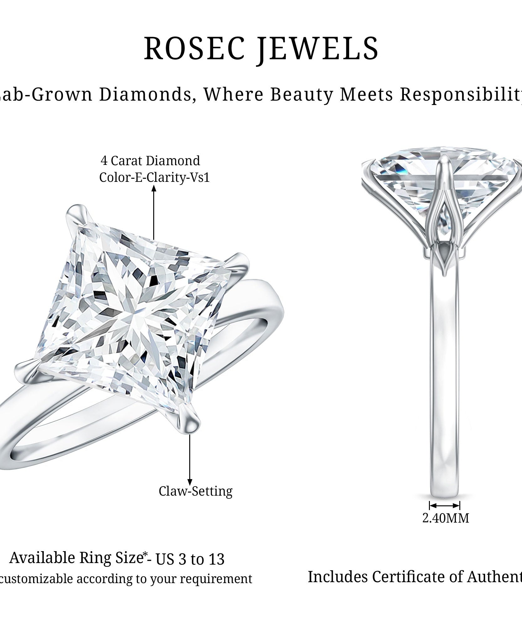 IGI Certified 4 Carat Princess Cut Lab Grown Diamond Engagement Ring