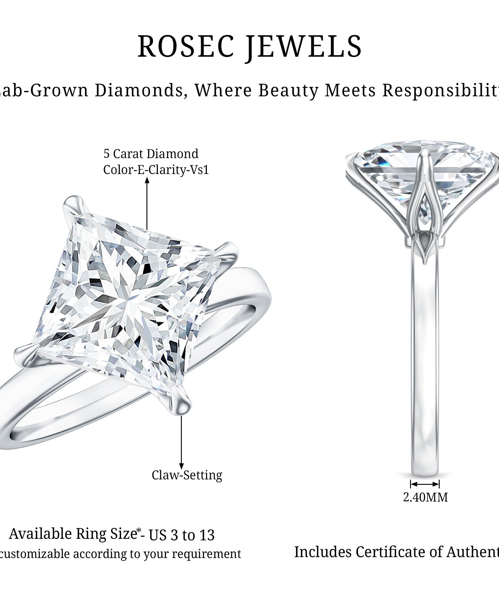 Solitaire 5 Carat Princess Cut Lab Grown Diamond Huge Engagement Ring with IGI Certificate