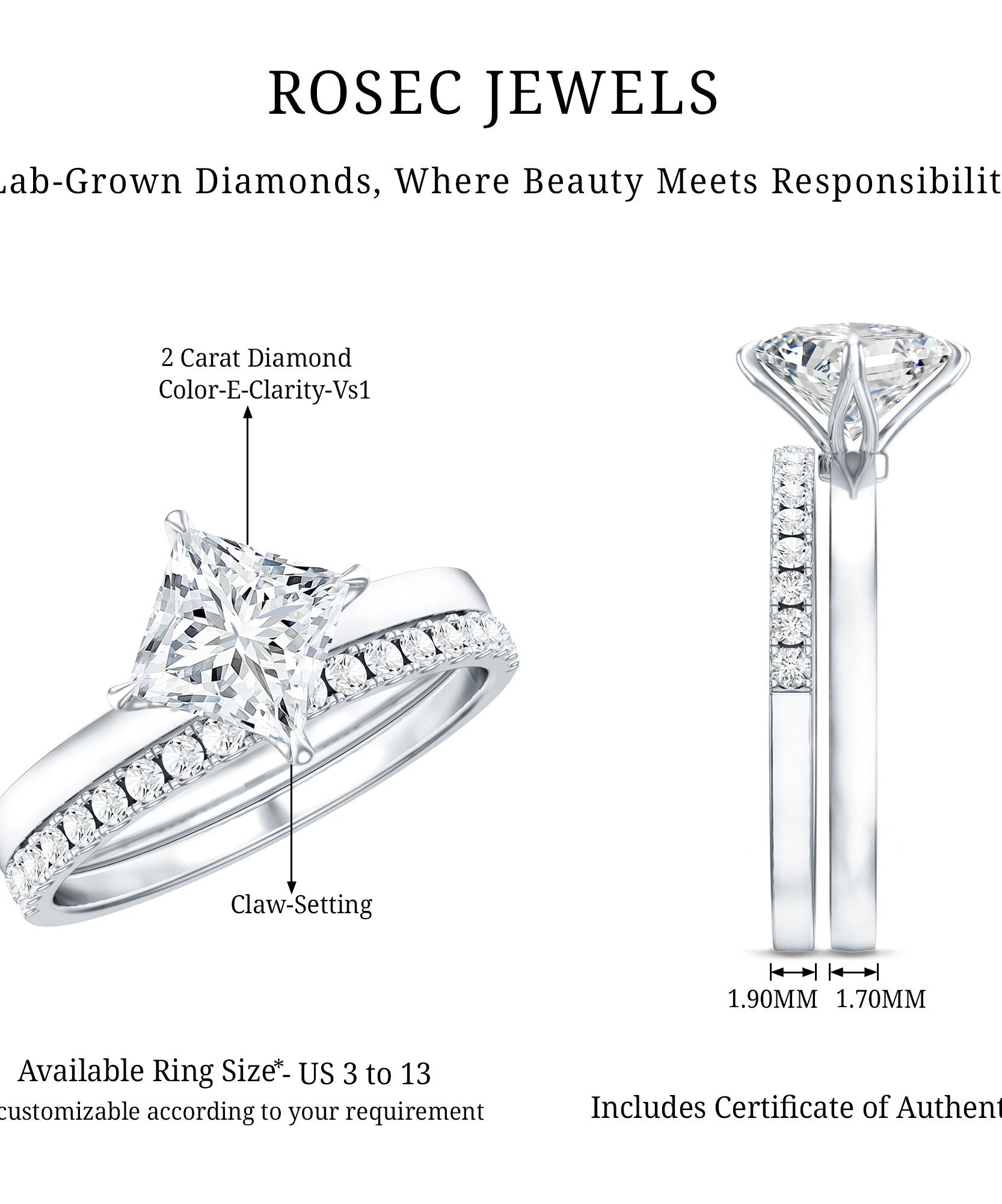 IGI Certified 2 Carat Lab Grown Diamond Princess Cut Bridal Ring Set for Her
