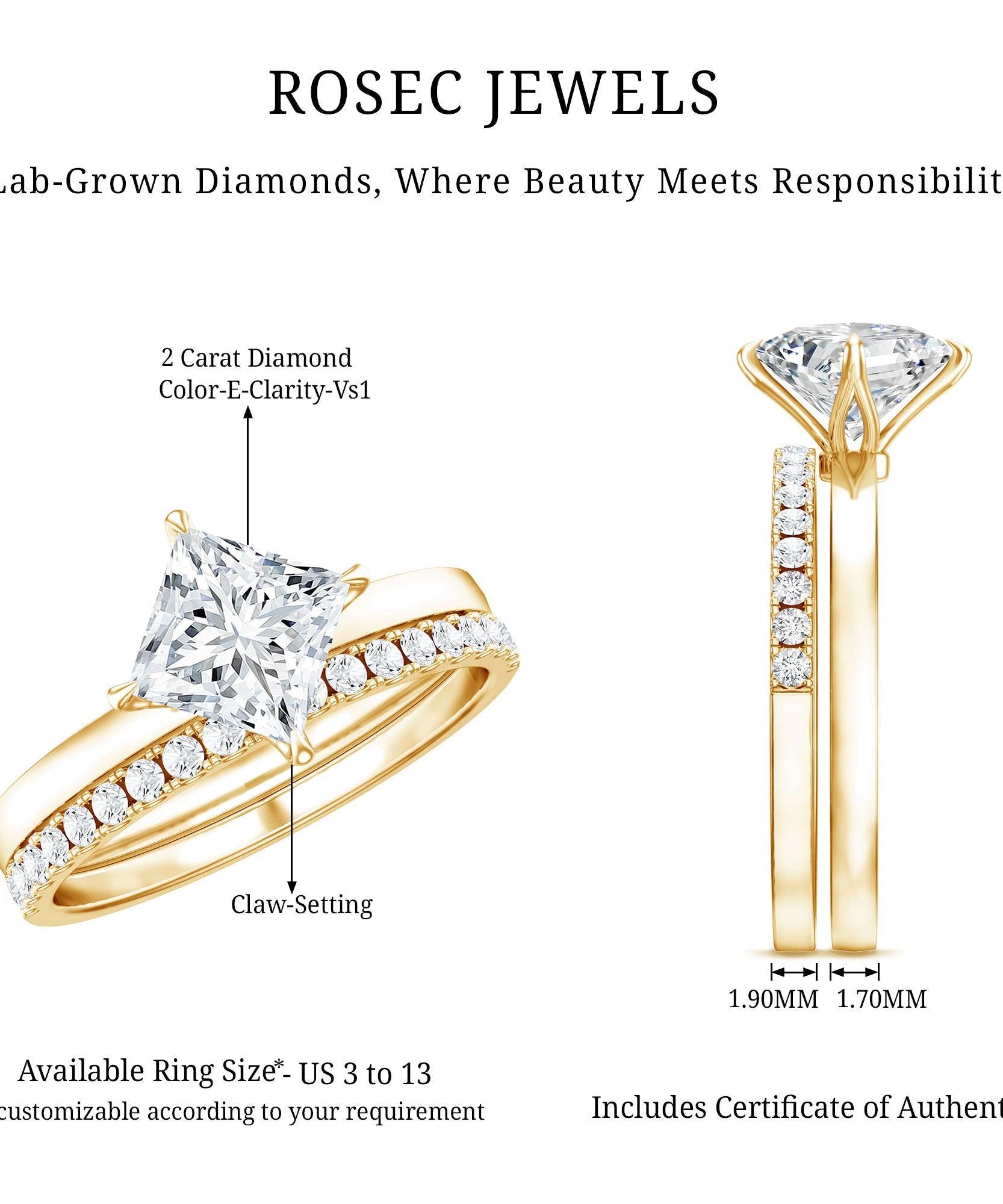 IGI Certified 2 Carat Lab Grown Diamond Princess Cut Bridal Ring Set for Her