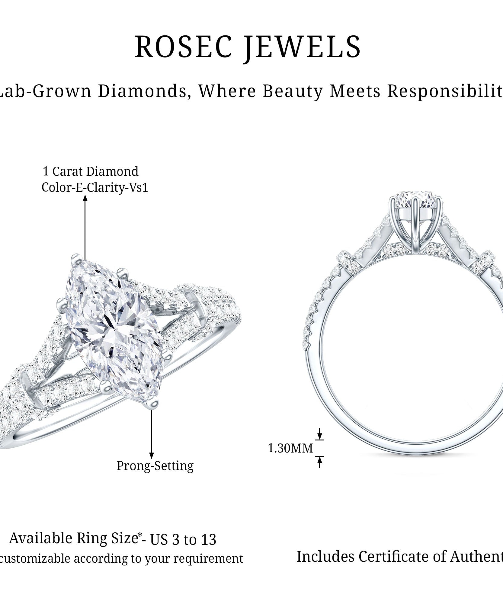 1 Carat Marquise Cut Lab Grown Diamond Split Shank Engagement Ring with IGI Certificate