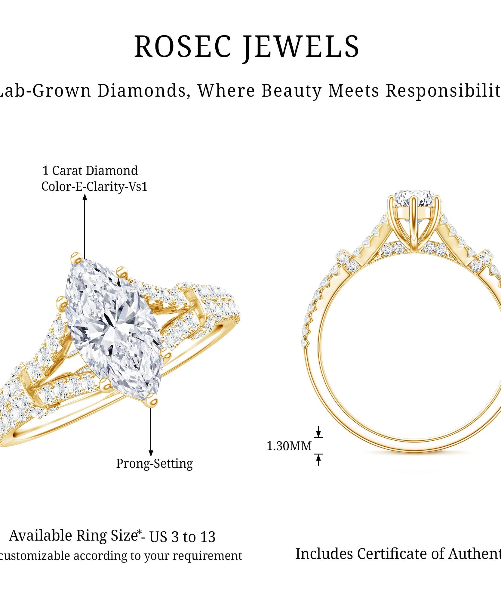 1 Carat Marquise Cut Lab Grown Diamond Split Shank Engagement Ring with IGI Certificate