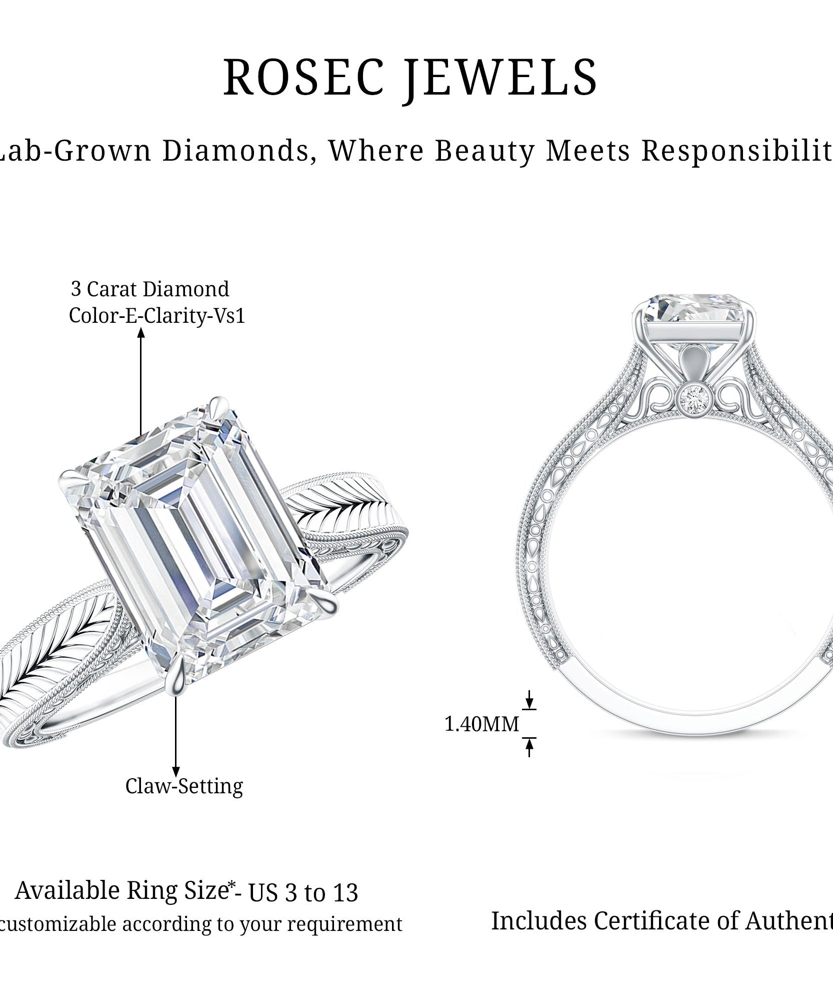 Ethically Sourced 3 Carat Lab Grown Diamond Emerald Cut Engagement Ring IGI Certified