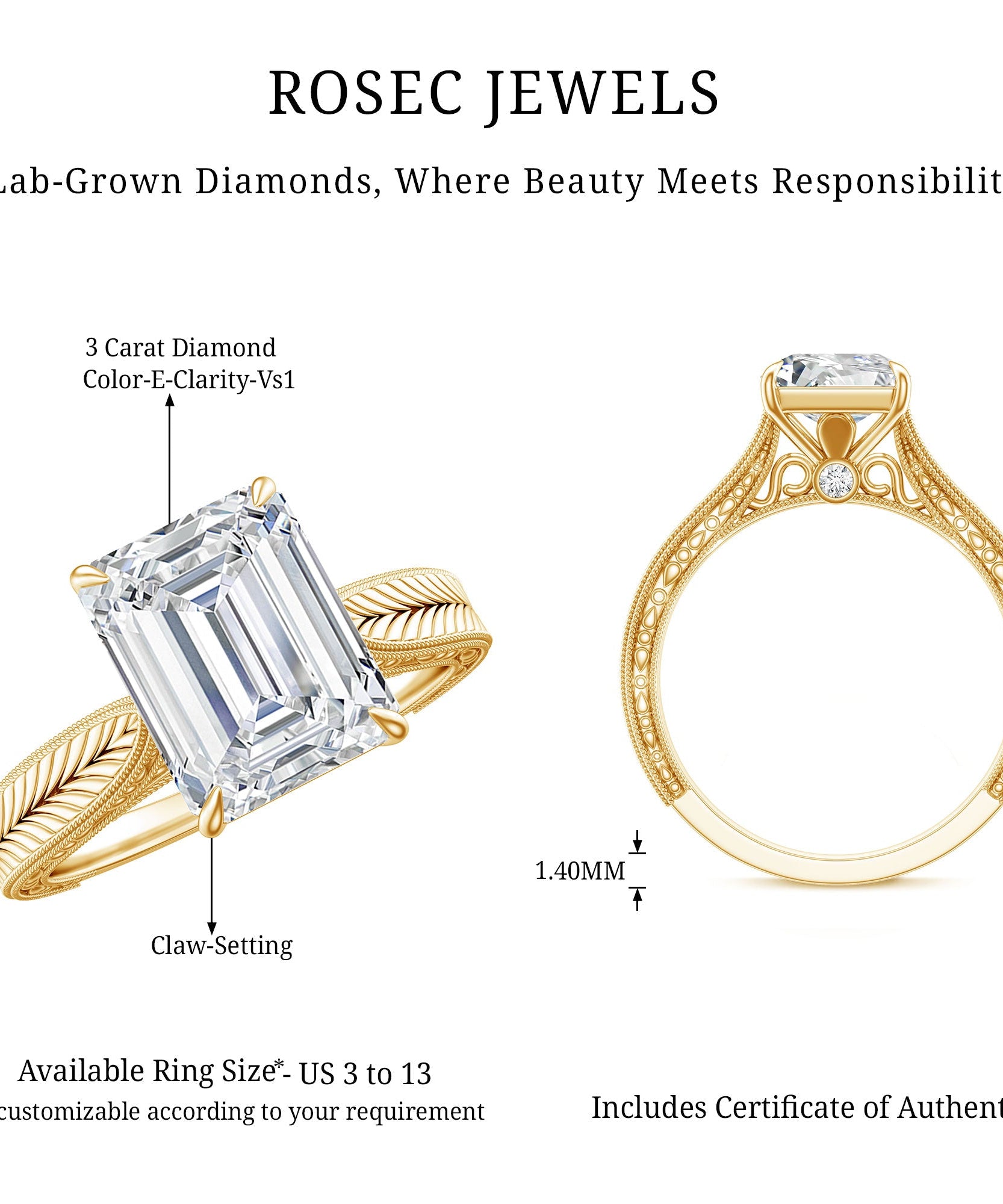 Ethically Sourced 3 Carat Lab Grown Diamond Emerald Cut Engagement Ring IGI Certified