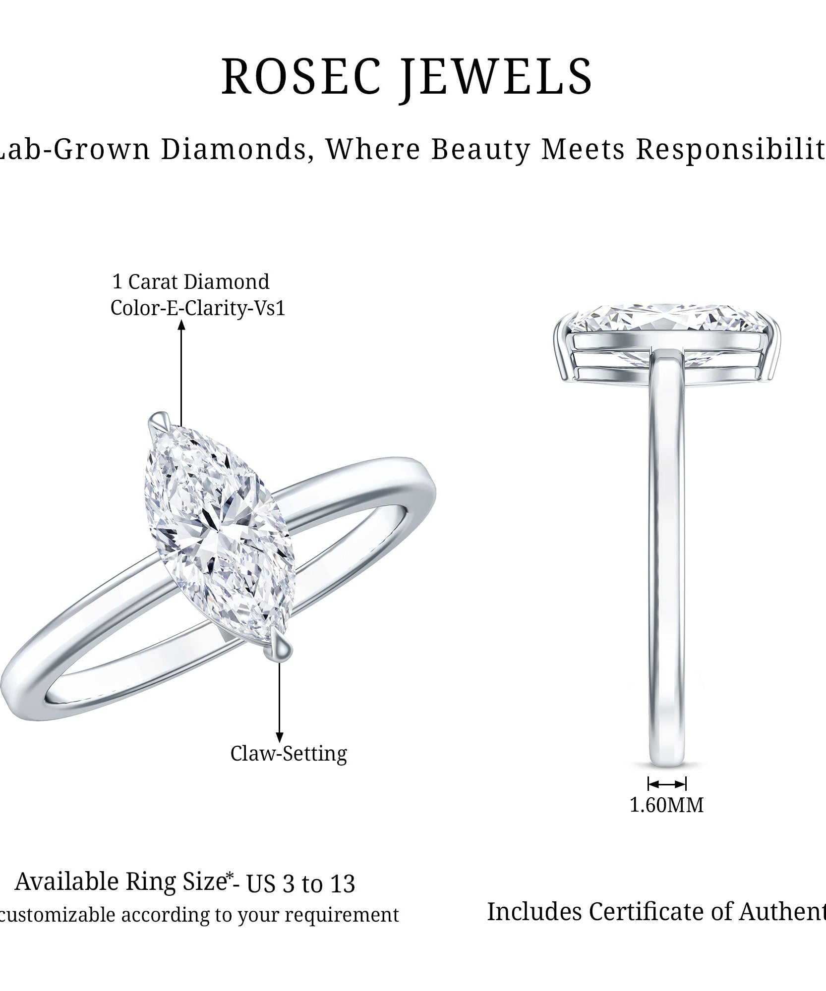 IGI Certified Lab Grown 1 Carat Diamond Marquise Engagement Ring Solitaire