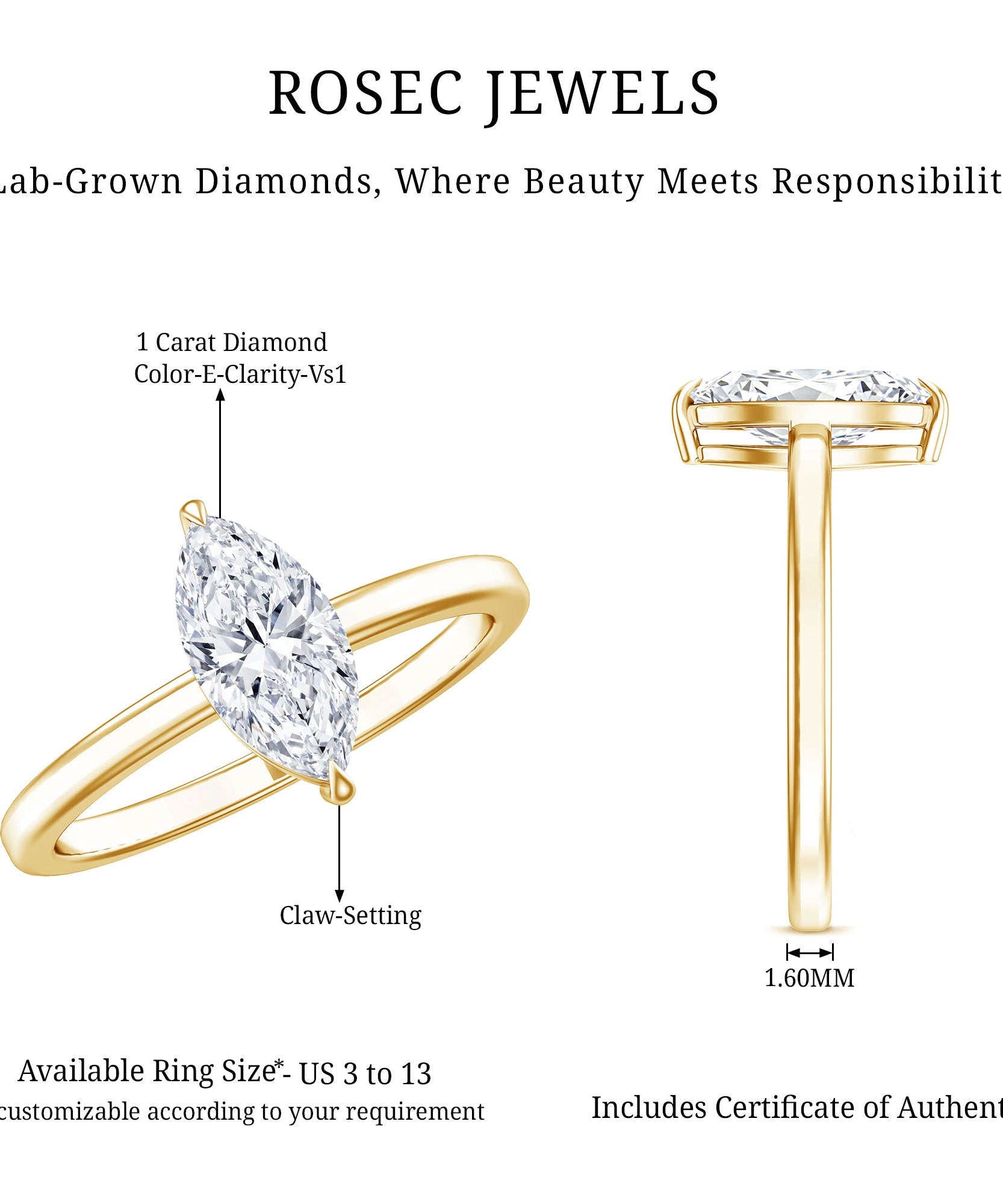 IGI Certified Lab Grown 1 Carat Diamond Marquise Engagement Ring Solitaire