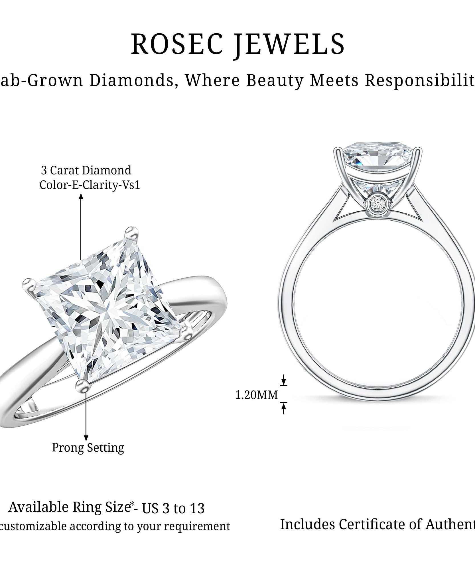 IGI Certified Lab Grown 3 Carat Diamond Princess Cut Engagement Ring Solitaire
