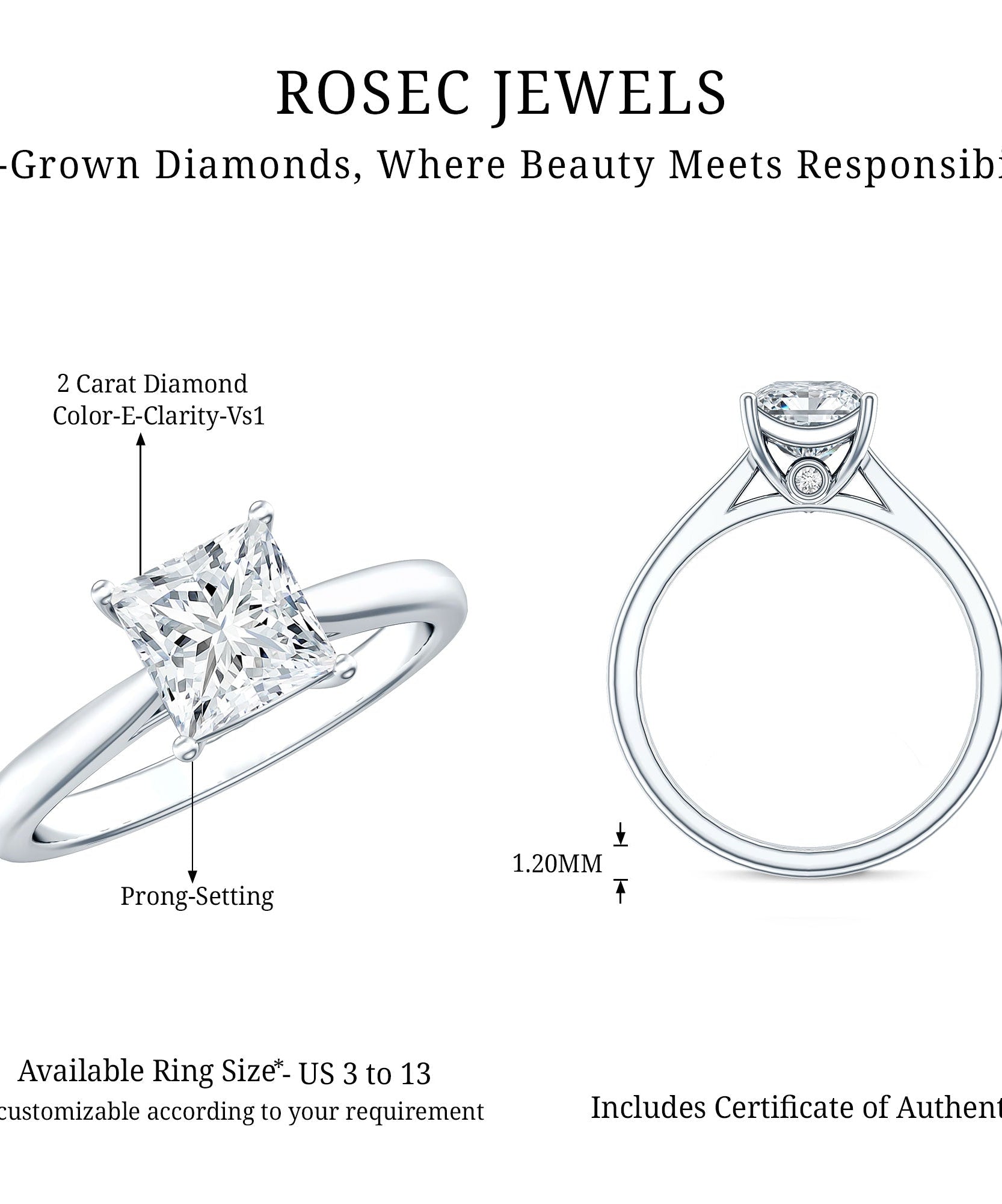 Solitaire 1 Carat Princess Cut Lab Grown Diamond Engagement Ring with IGI Certificate