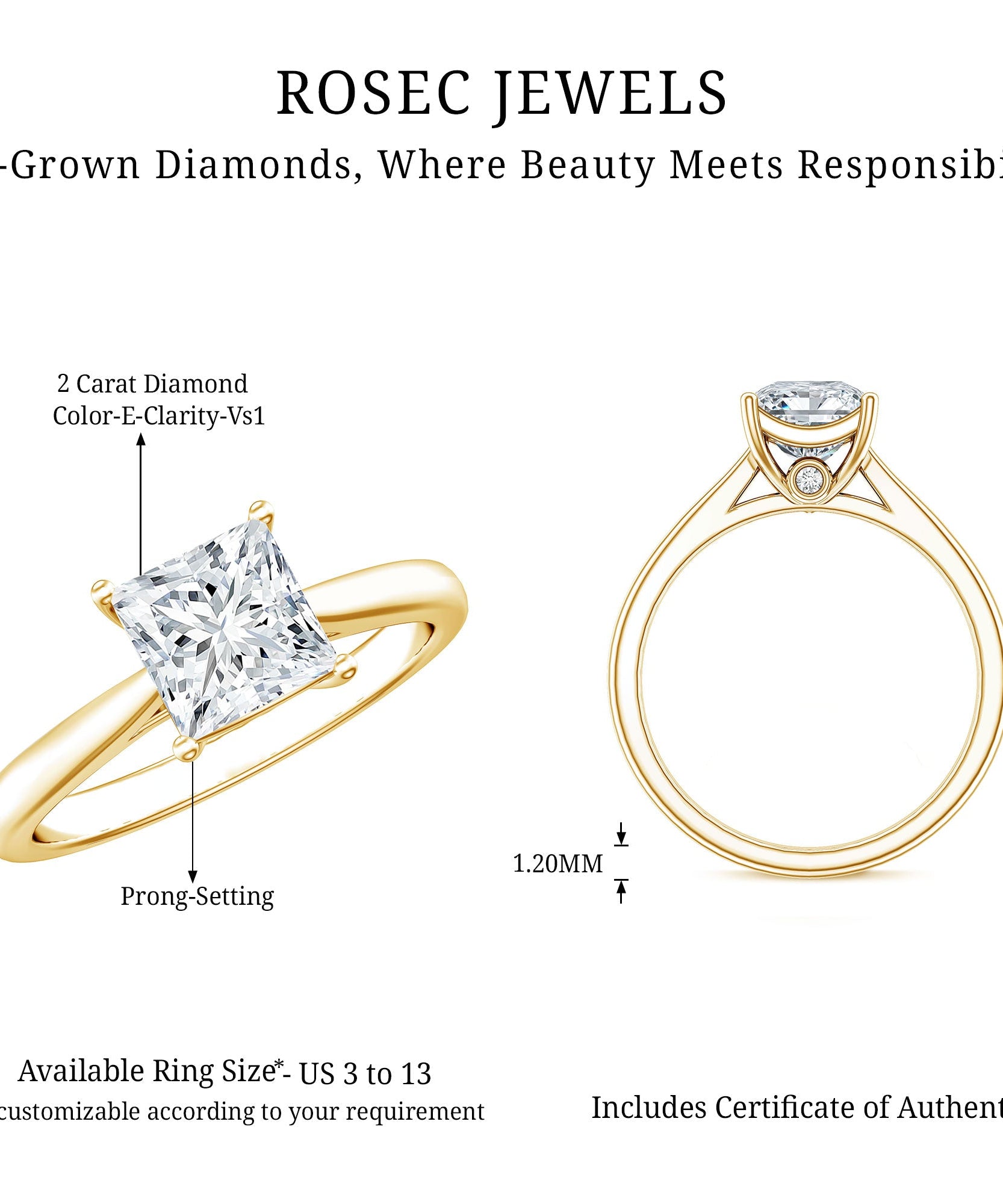 Solitaire 1 Carat Princess Cut Lab Grown Diamond Engagement Ring with IGI Certificate