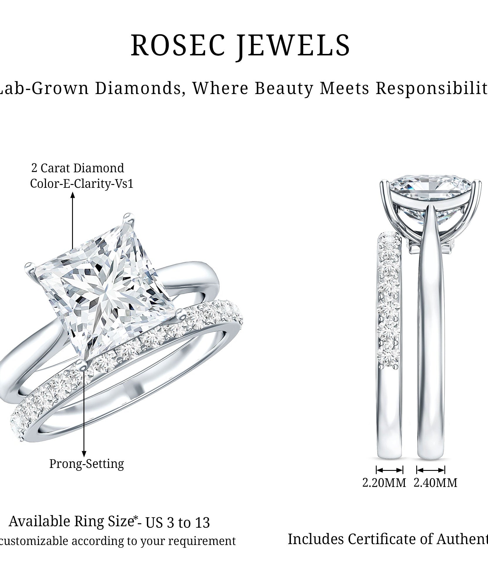 IGI Certified 2 Carat Lab Grown Diamond Princess Cut Engagement Ring With Wedding Band