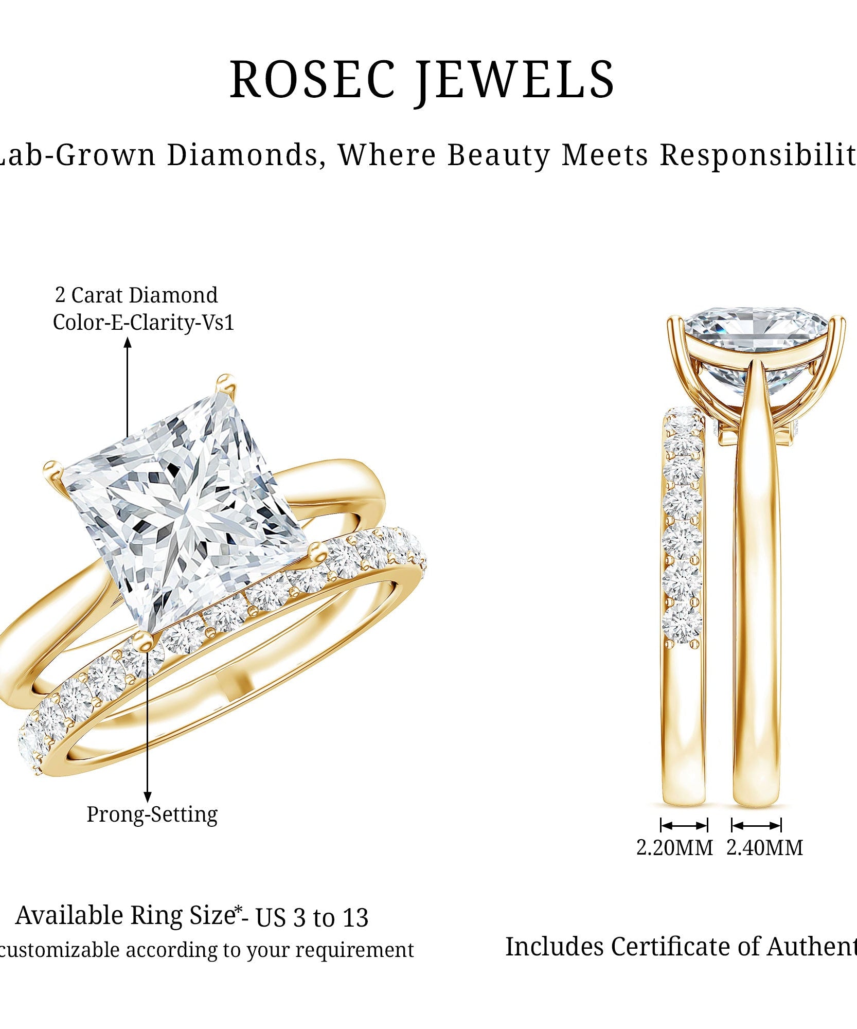 IGI Certified 2 Carat Lab Grown Diamond Princess Cut Engagement Ring With Wedding Band