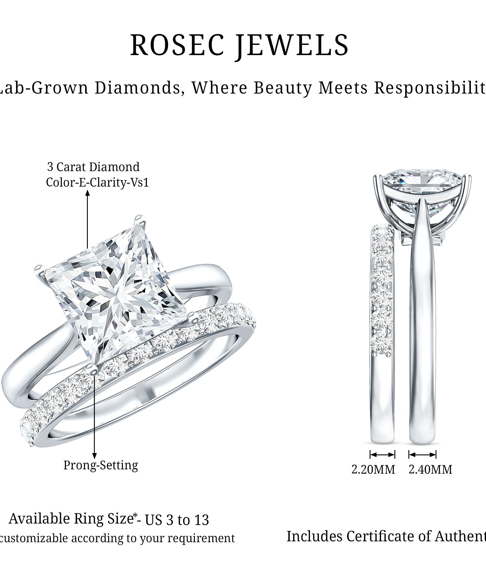 IGI Certified 3 Carat Lab Grown Diamond Princess Cut Wedding Ring Set for Women