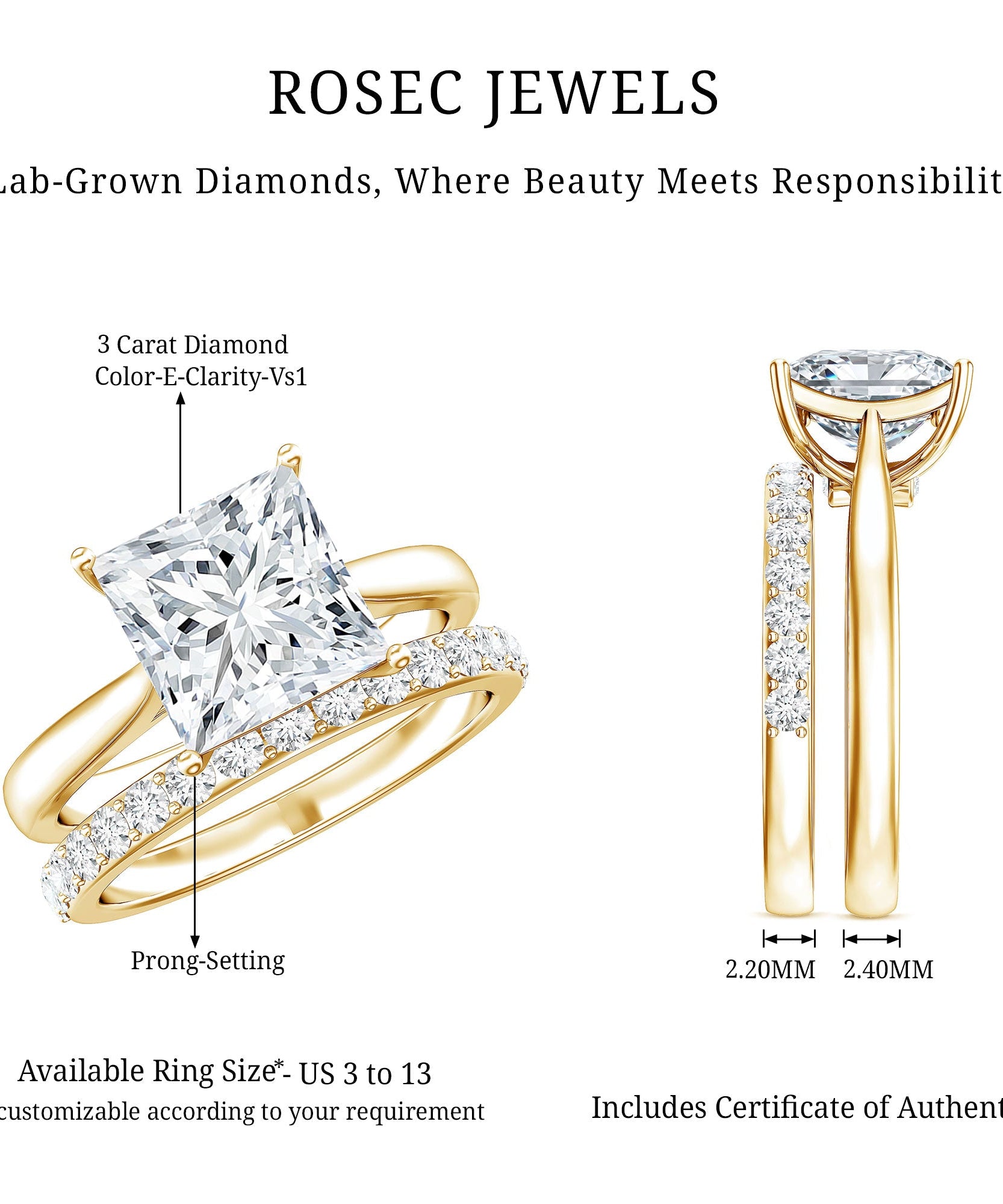 IGI Certified 3 Carat Lab Grown Diamond Princess Cut Wedding Ring Set for Women