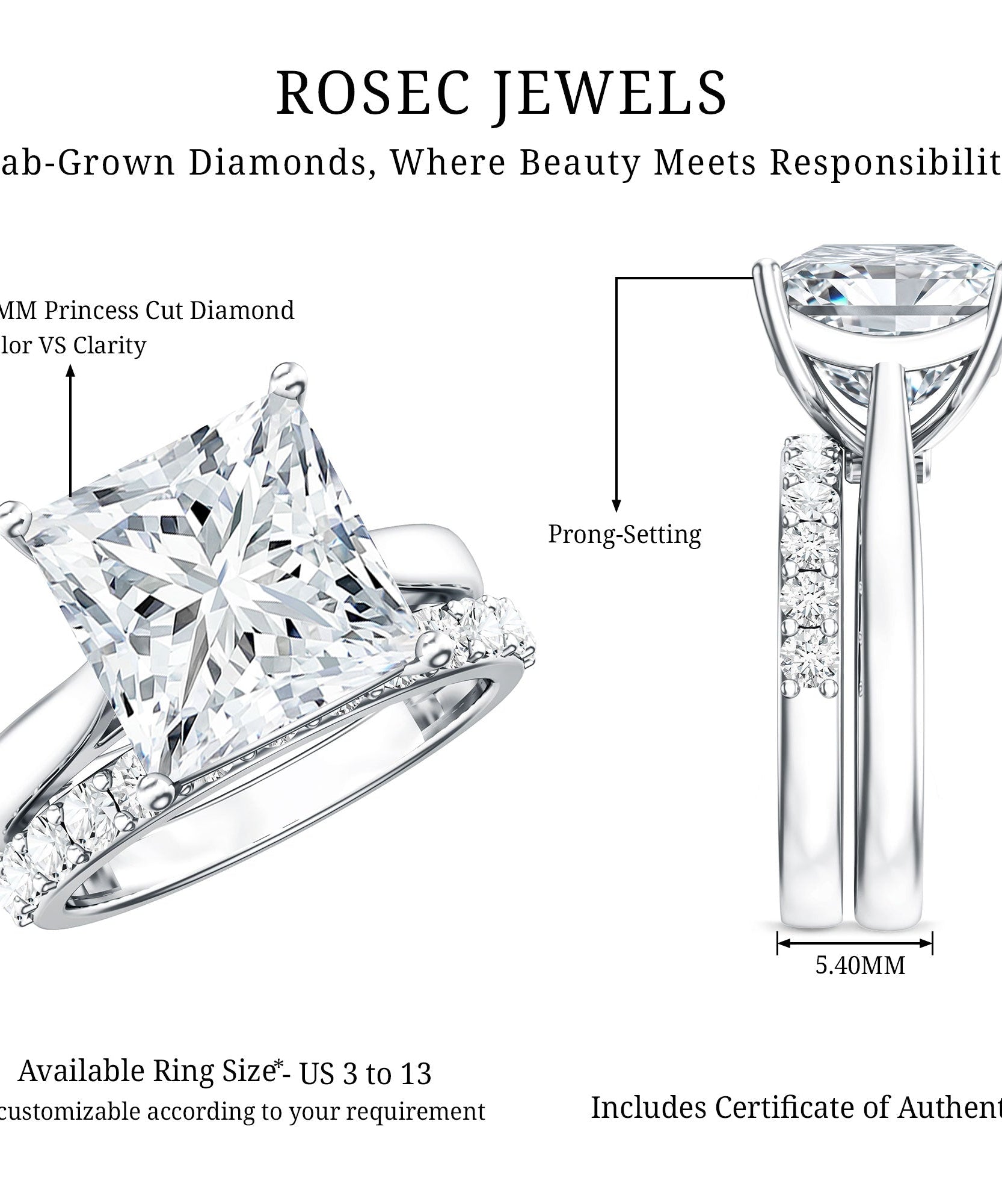 IGI Certified 4 Carat Princess Cut Lab Grown Diamond Solitaire Wedding Ring Set