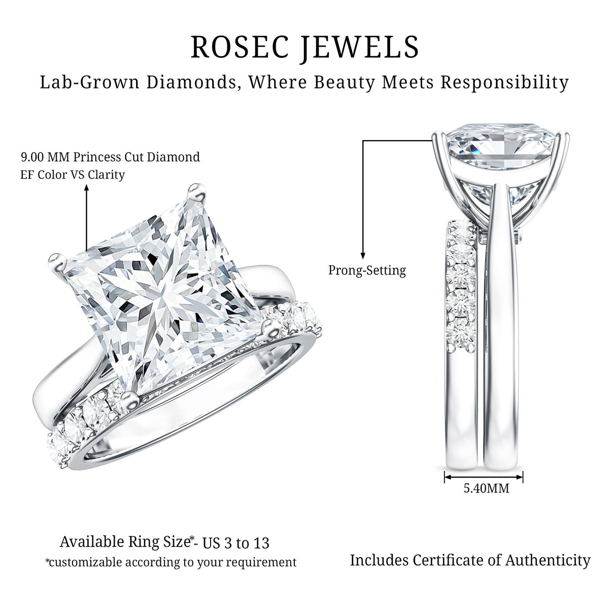 IGI Certified 4 Carat Princess Cut Lab Grown Diamond Solitaire Wedding Ring Set
