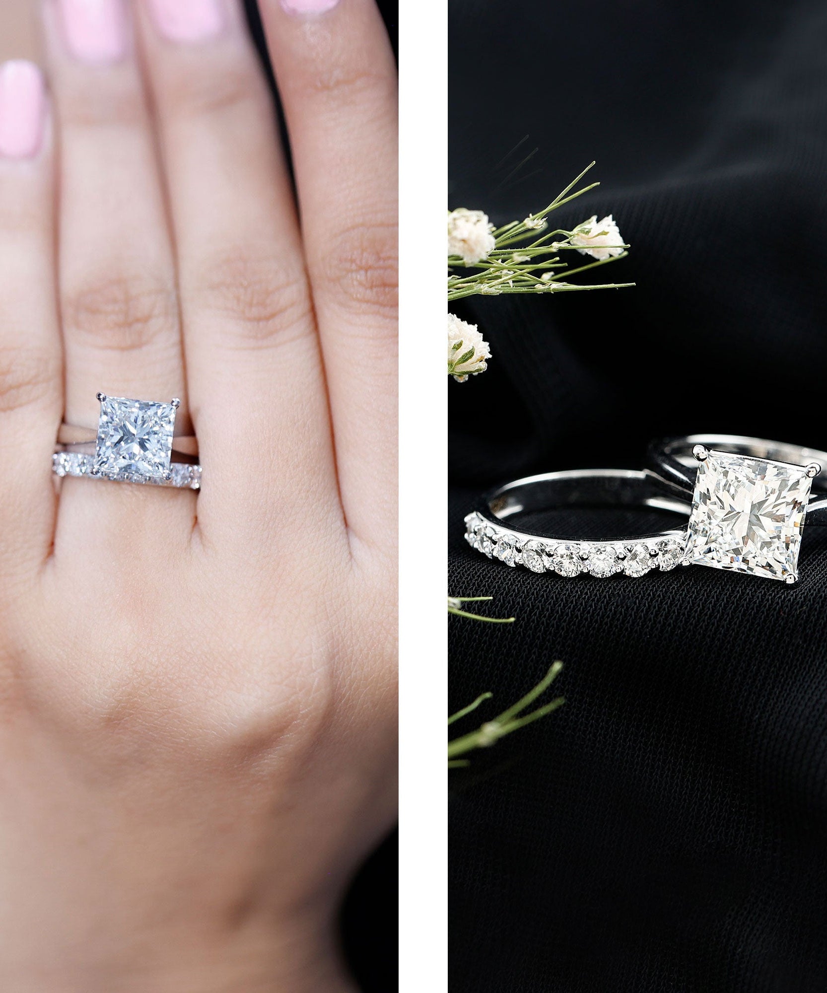 IGI Certified 4 Carat Princess Cut Lab Grown Diamond Solitaire Wedding Ring Set