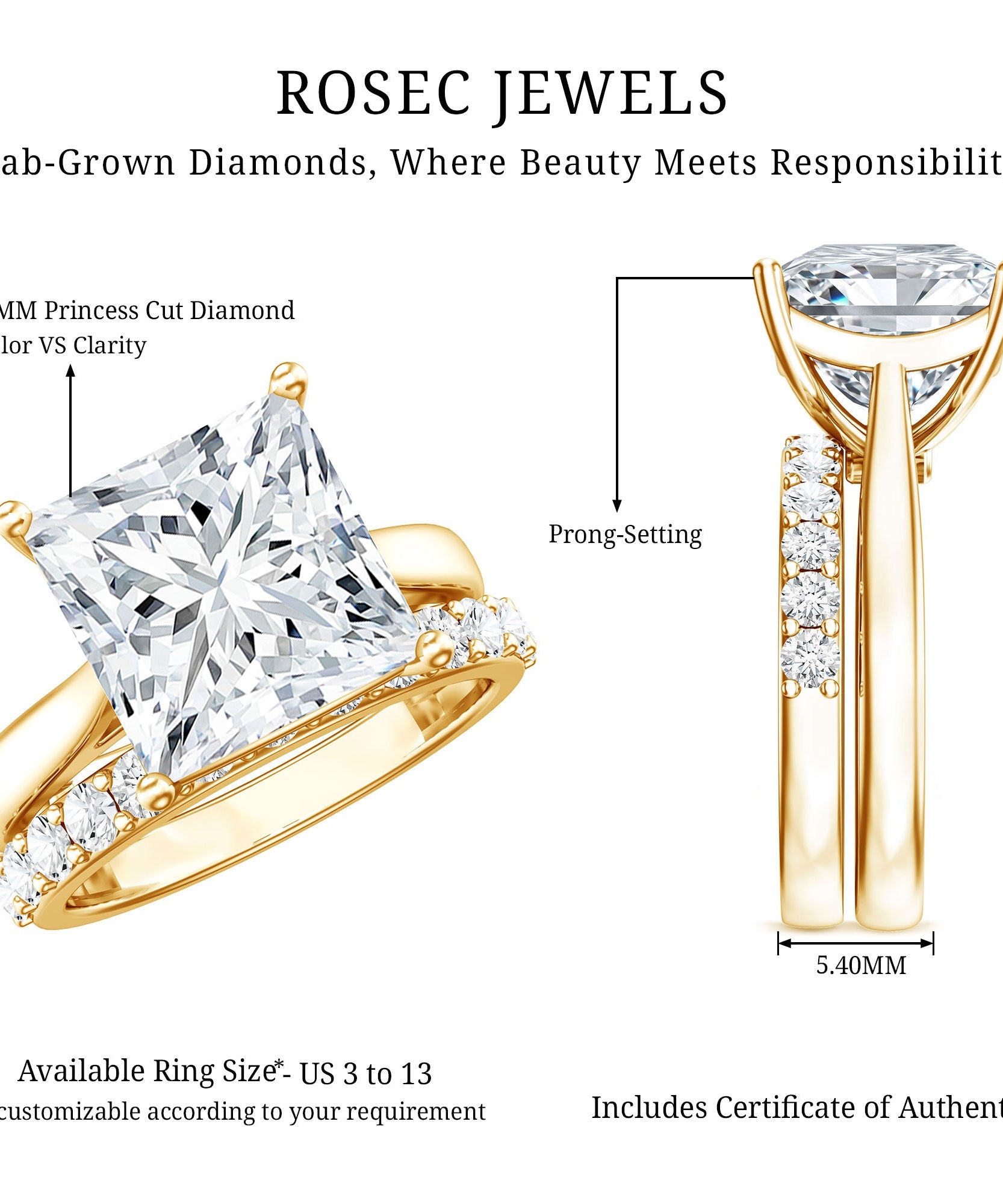 IGI Certified 4 Carat Princess Cut Lab Grown Diamond Solitaire Wedding Ring Set