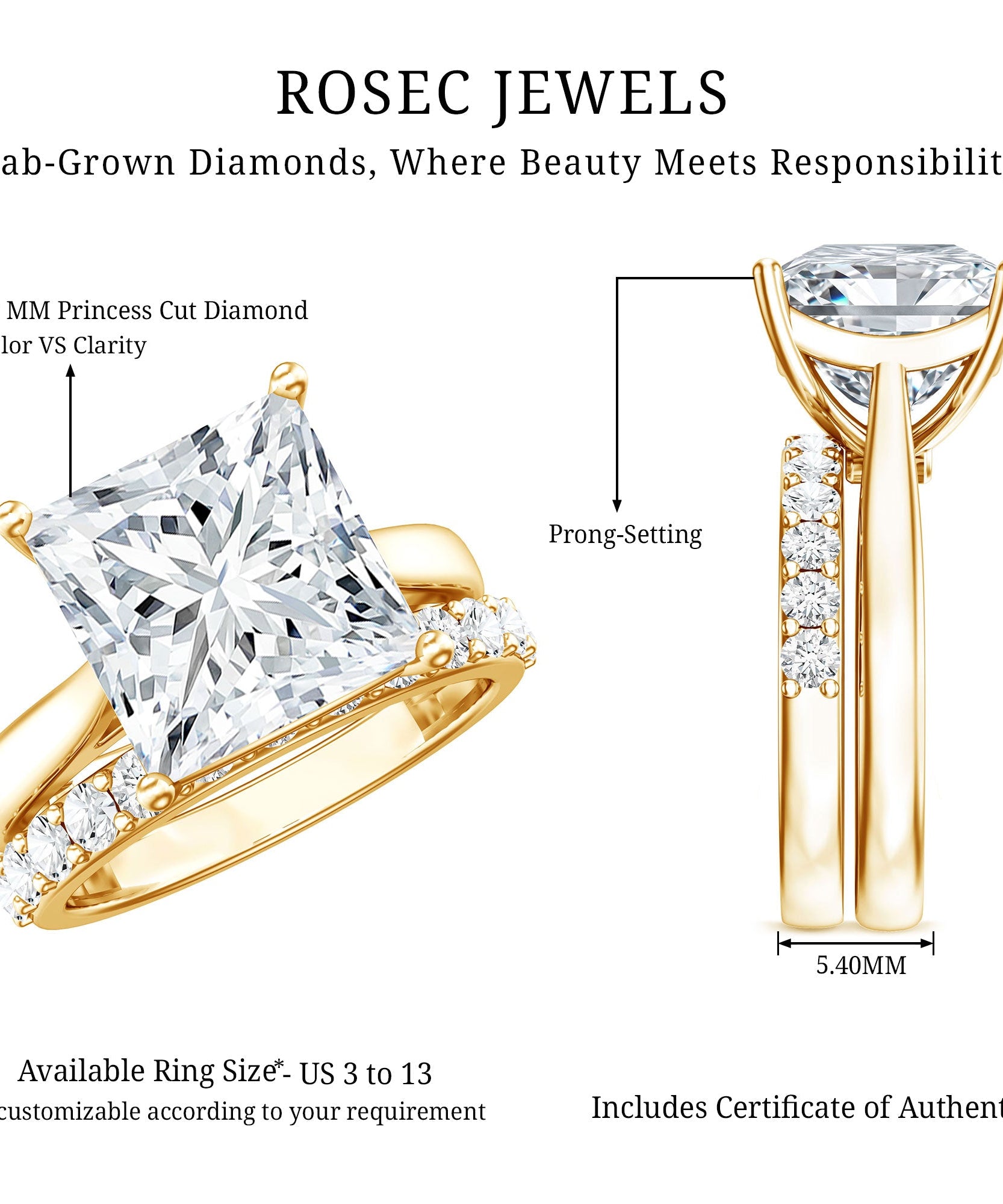 5 Carat Huge Lab Grown Diamond Princess Cut Engagement Ring Set with IGI Certificate