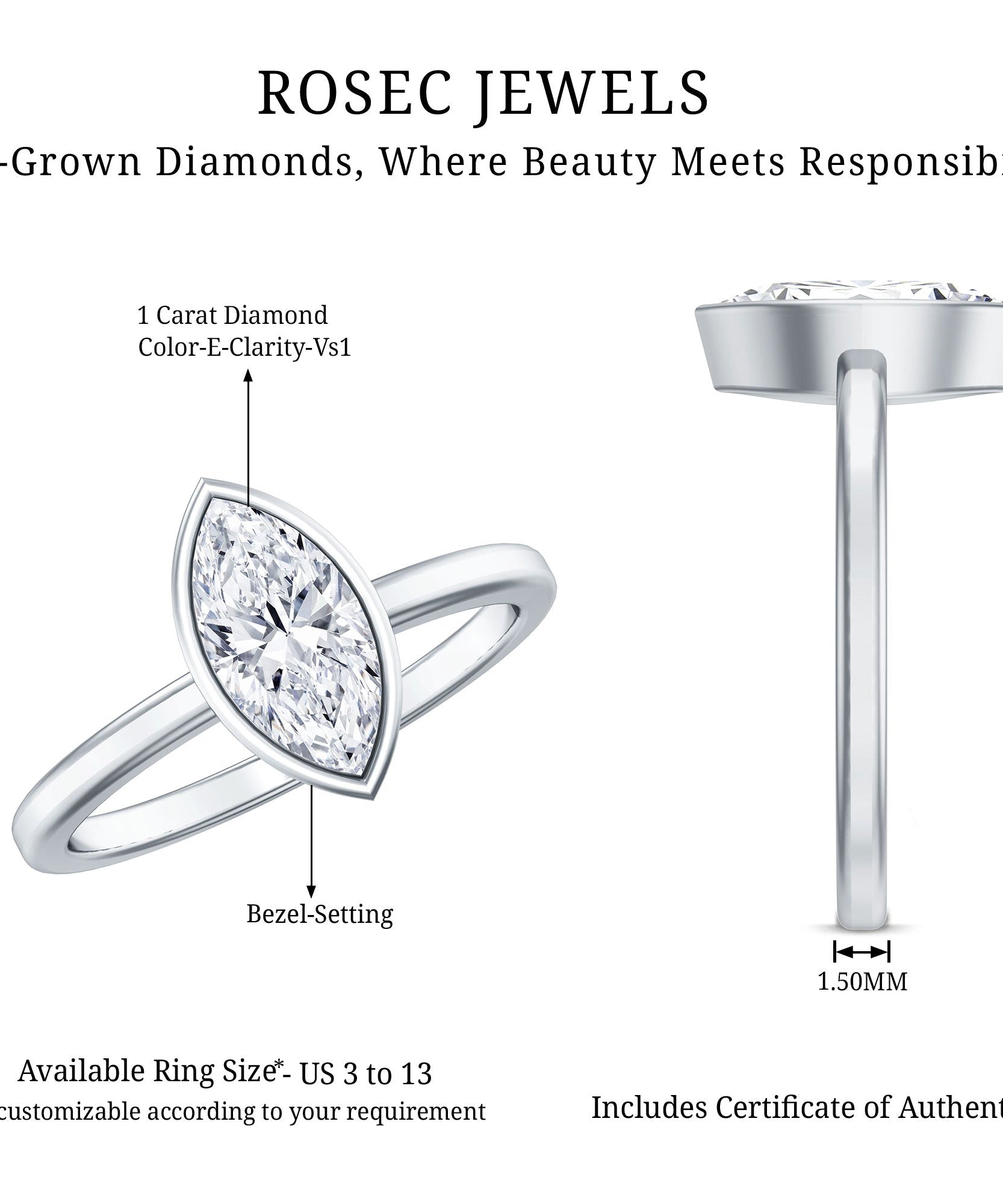 IGI Certified 1 Carat Marquise Lab Grown Diamond Engagement Ring in Bezel Setting