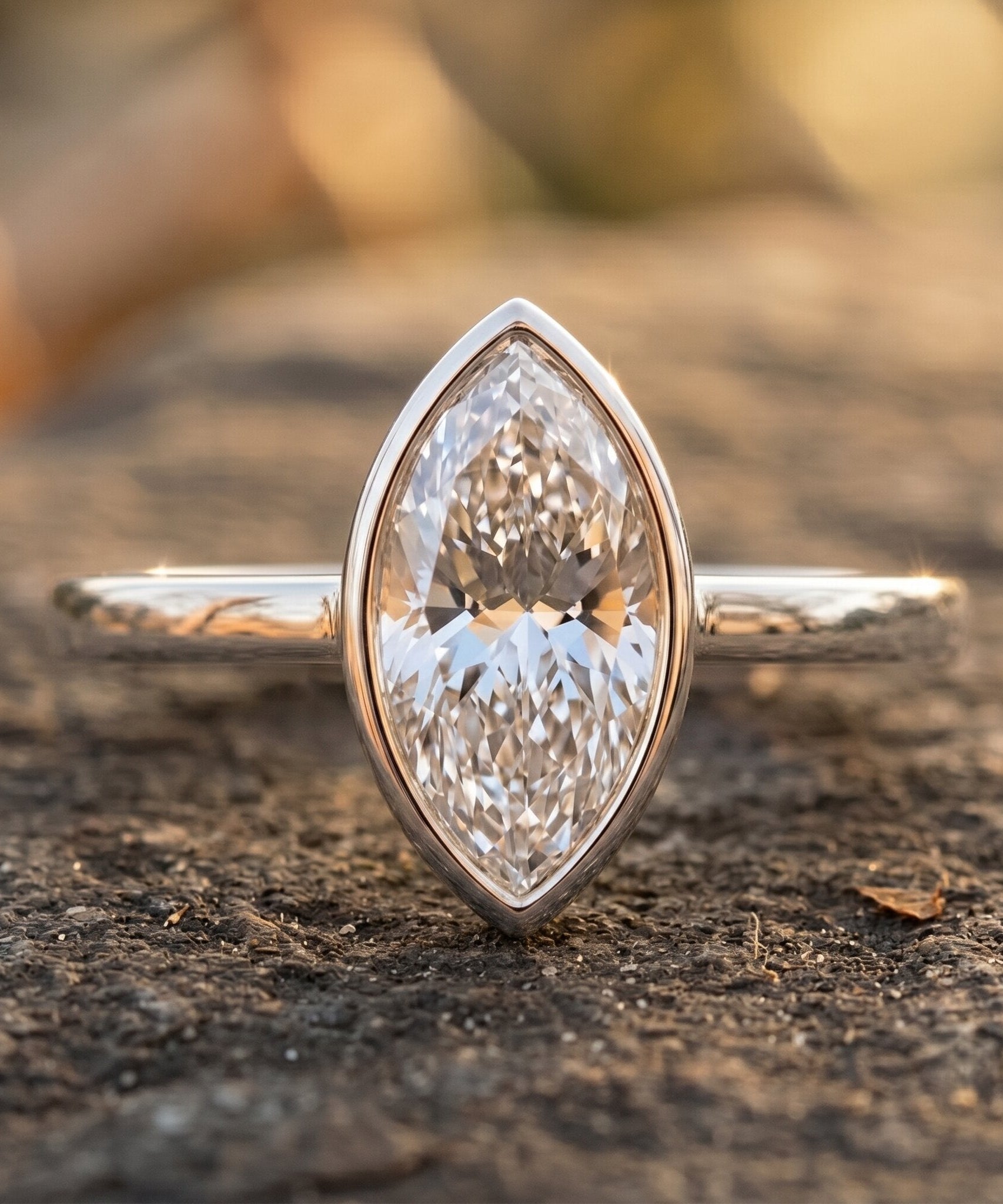 IGI Certified 1 Carat Marquise Lab Grown Diamond Engagement Ring in Bezel Setting