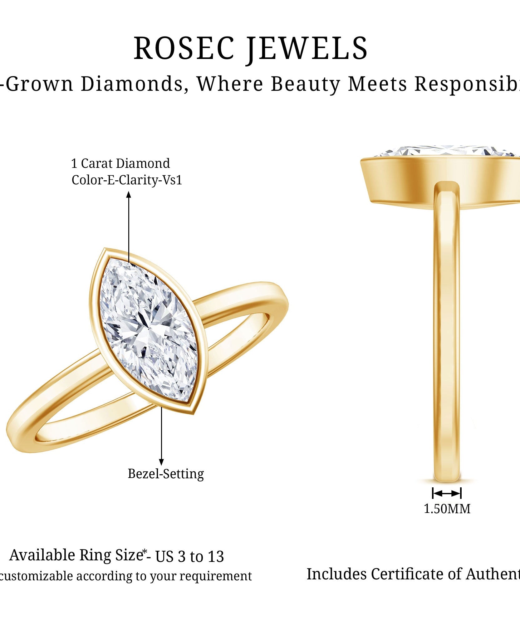 IGI Certified 1 Carat Marquise Lab Grown Diamond Engagement Ring in Bezel Setting