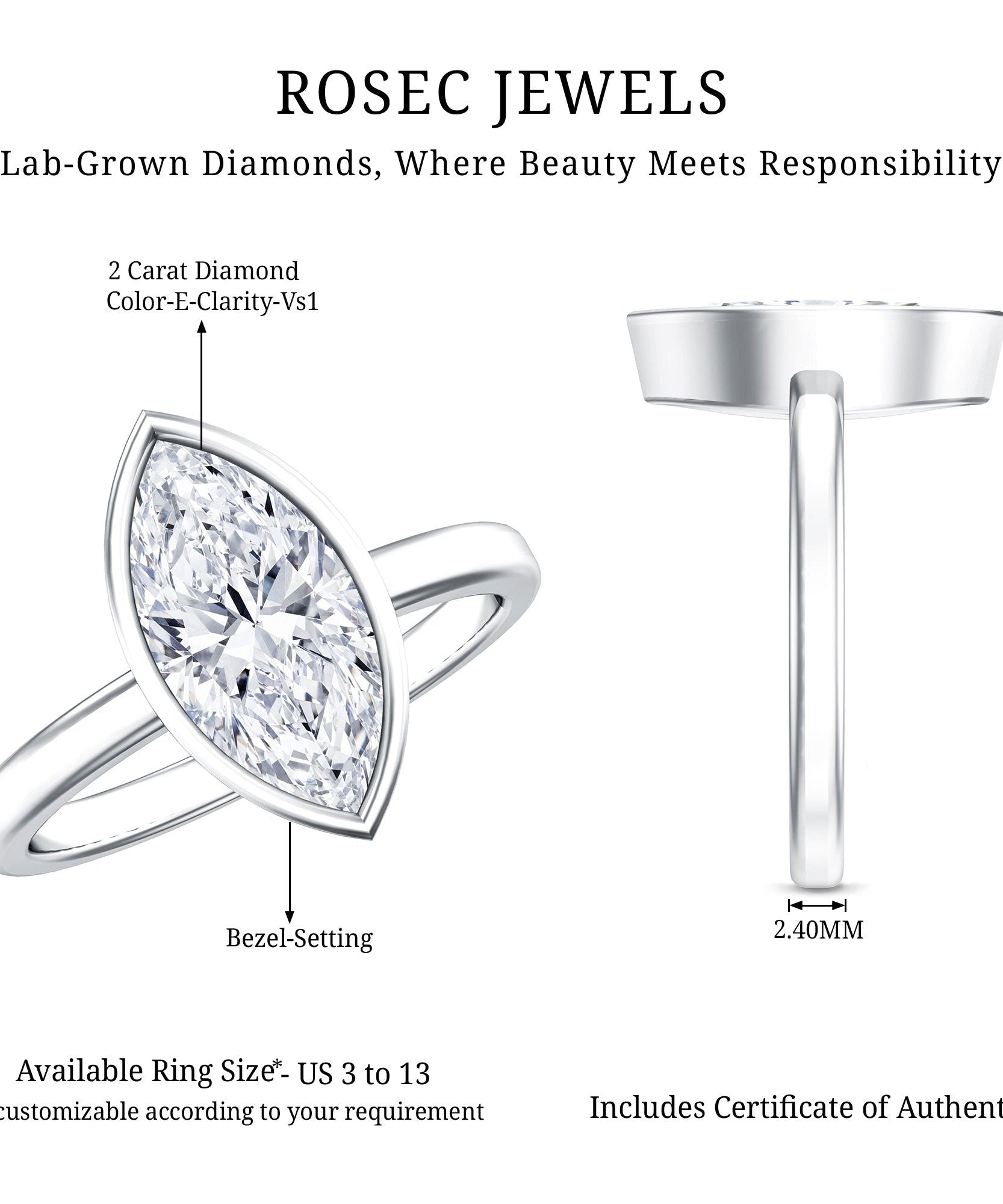 IGI Certified 2 Carat Lab Grown Diamond Marquise Ring For Engagement