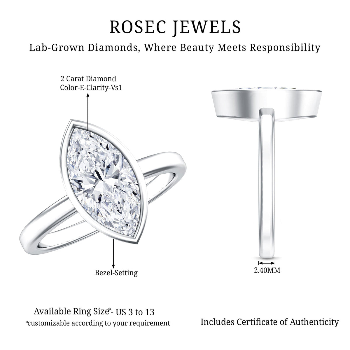 IGI Certified 2 Carat Lab Grown Diamond Marquise Ring For Engagement