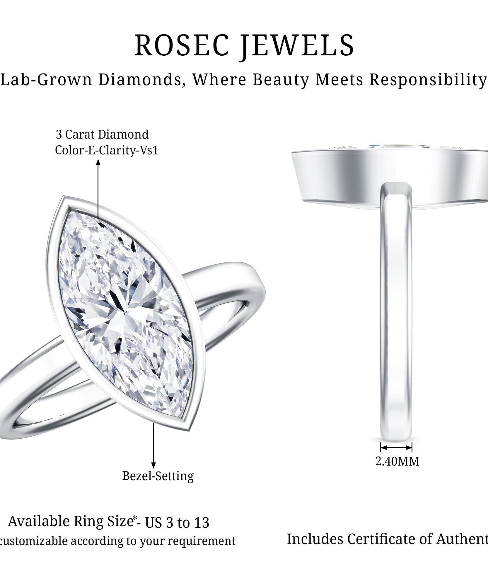 IGI Certified 3 Carat Solitaire Lab Grown Diamond Marquise Cut Engagement Ring
