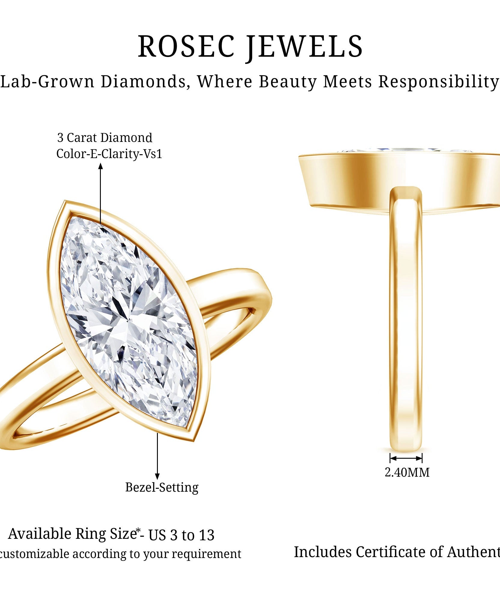 IGI Certified 3 Carat Solitaire Lab Grown Diamond Marquise Cut Engagement Ring