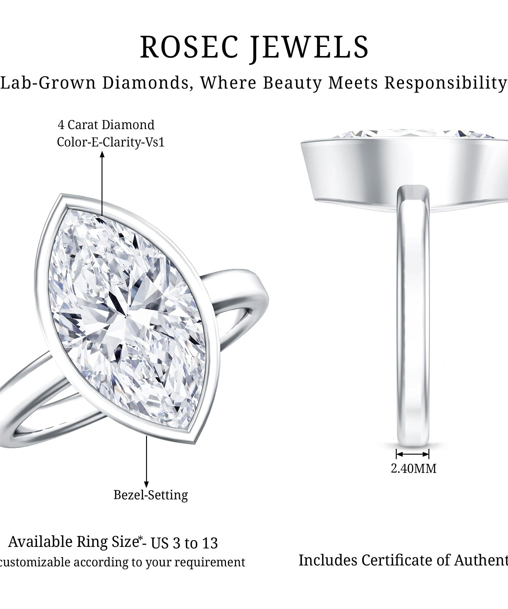 4 Carat Marquise Cut Lab Grown Diamond Bezel Engagement Ring with IGI Certificate
