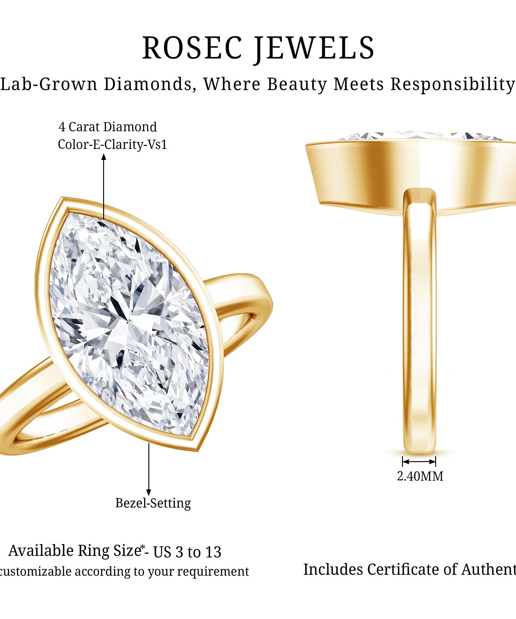 4 Carat Marquise Cut Lab Grown Diamond Bezel Engagement Ring with IGI Certificate