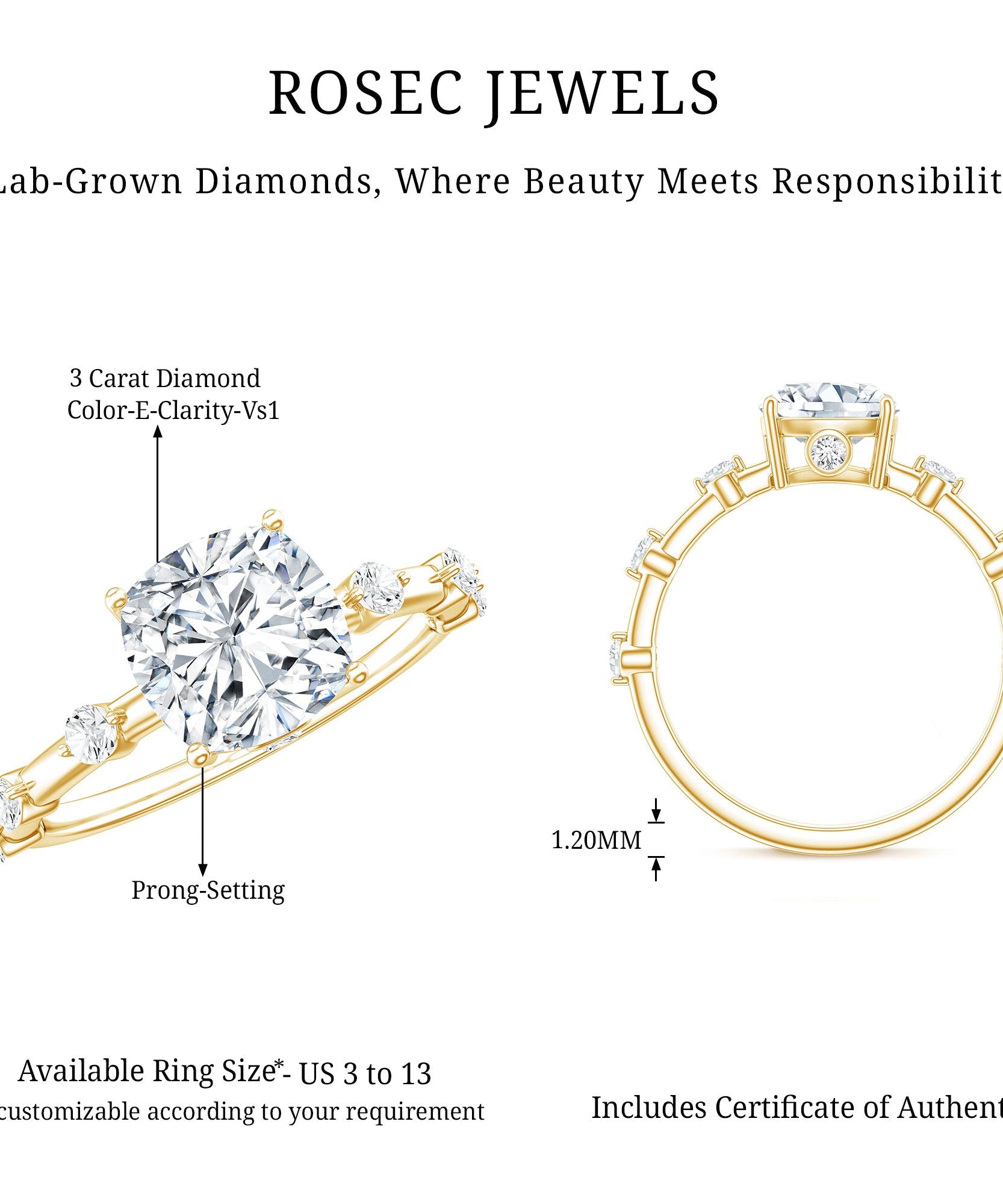 3 Carat IGI Certified Lab Grown Diamond Cushion Cut Engagement Ring for Women