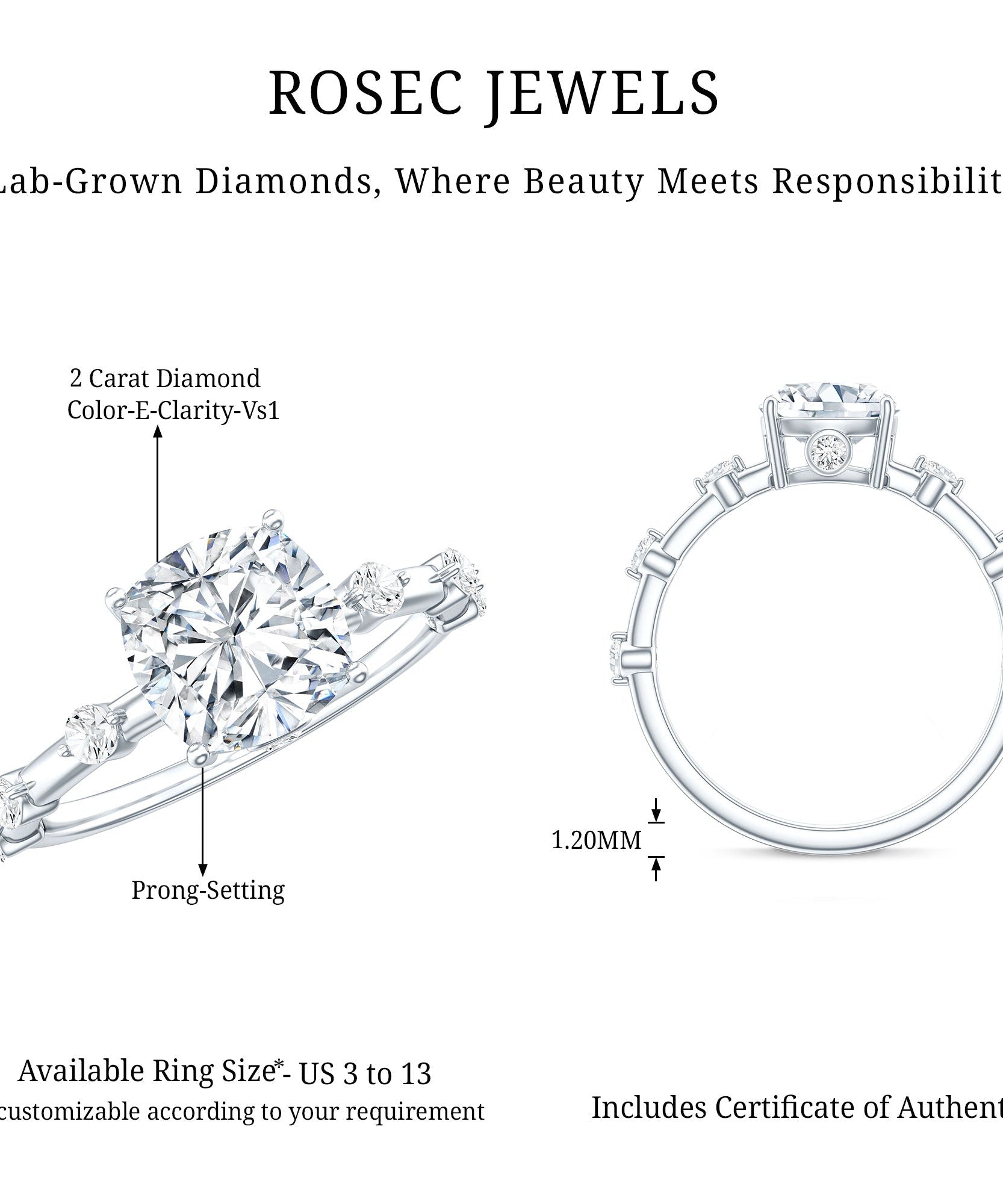 Cushion Cut 2 Carat Lab Grown Diamond Solitaire Engagement Ring with IGI Certificate