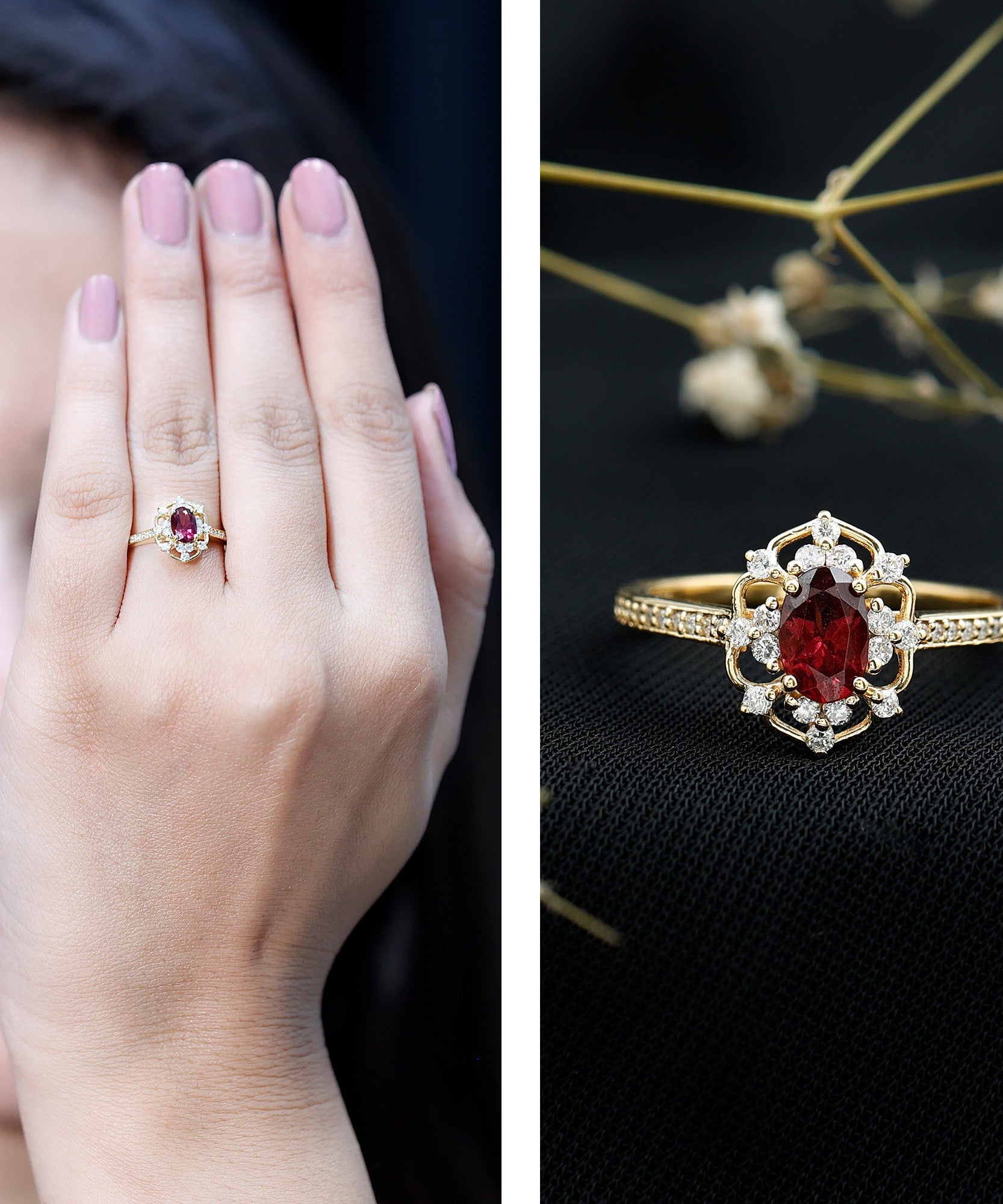 Vintage Engagement Ring with Rhodolite Garnet and Diamond