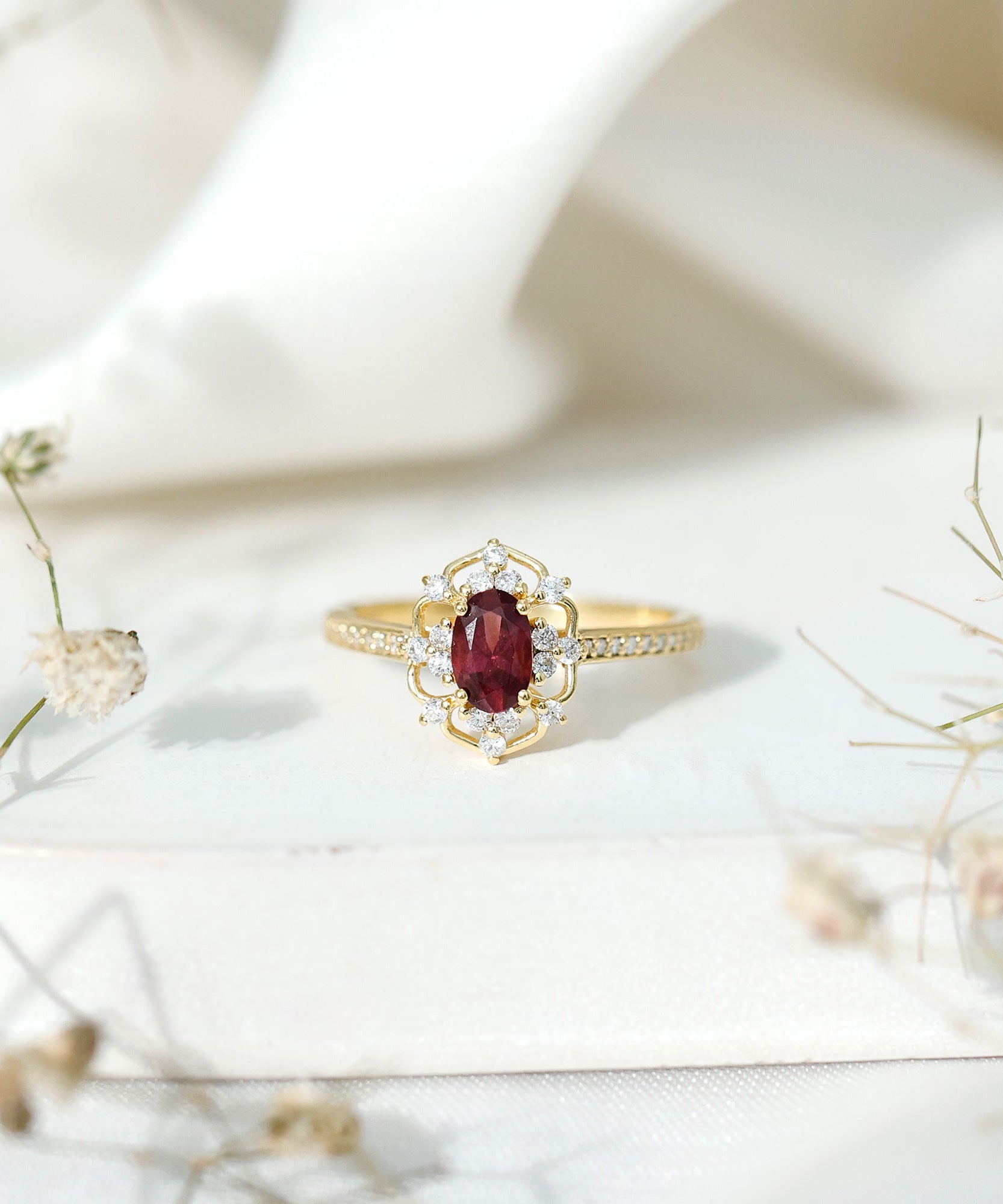 Vintage Engagement Ring with Rhodolite Garnet and Diamond