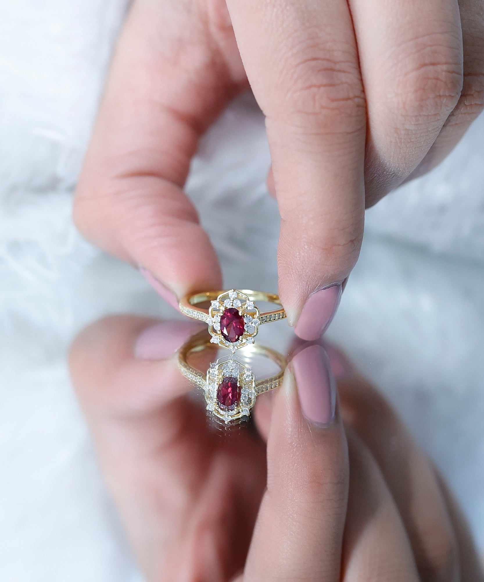 Vintage Engagement Ring with Rhodolite Garnet and Diamond